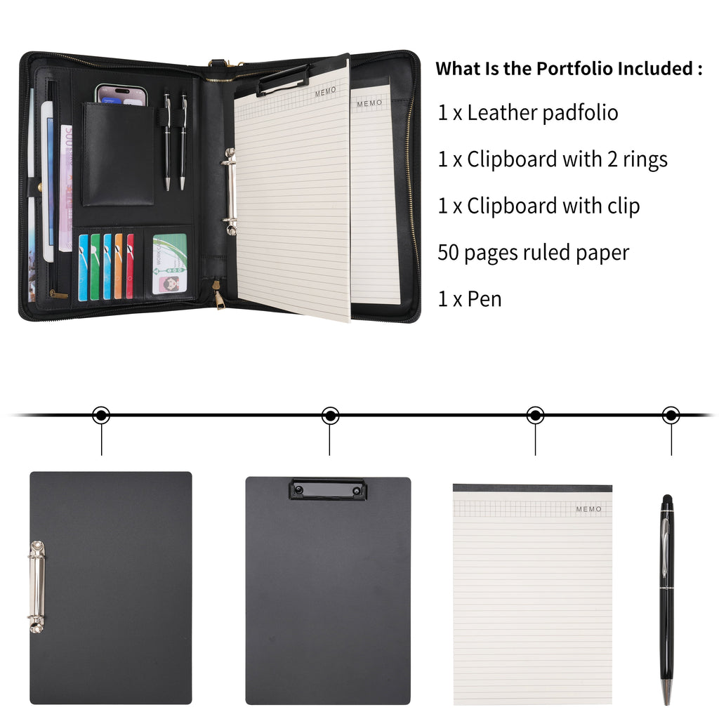 A4 Portfolio with Zipper - Leather PU Padfolio with Detachable Ring Binder and Writing Notepad Holder, Conference Fil... - Image 2
