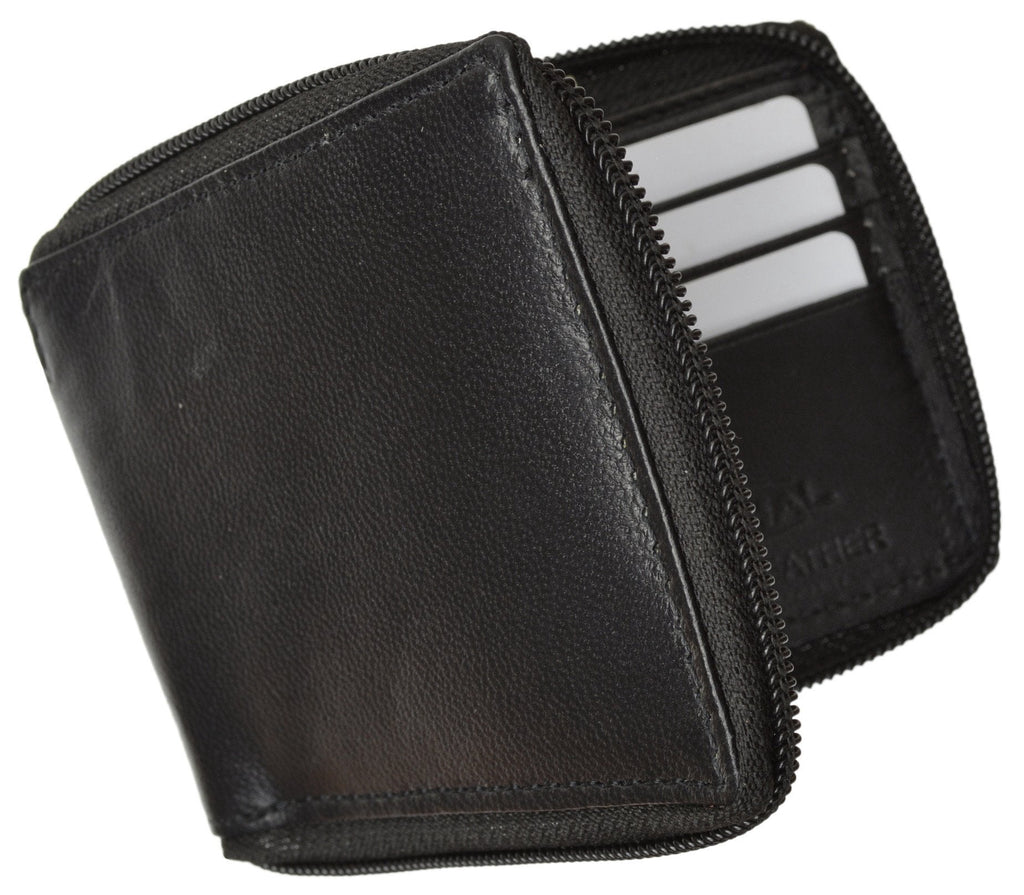 Zippered Bifold Mens Wallet Deluxe Credit Card Flip Genuine Lamb Leather P 1256 (C) Black - Image 6