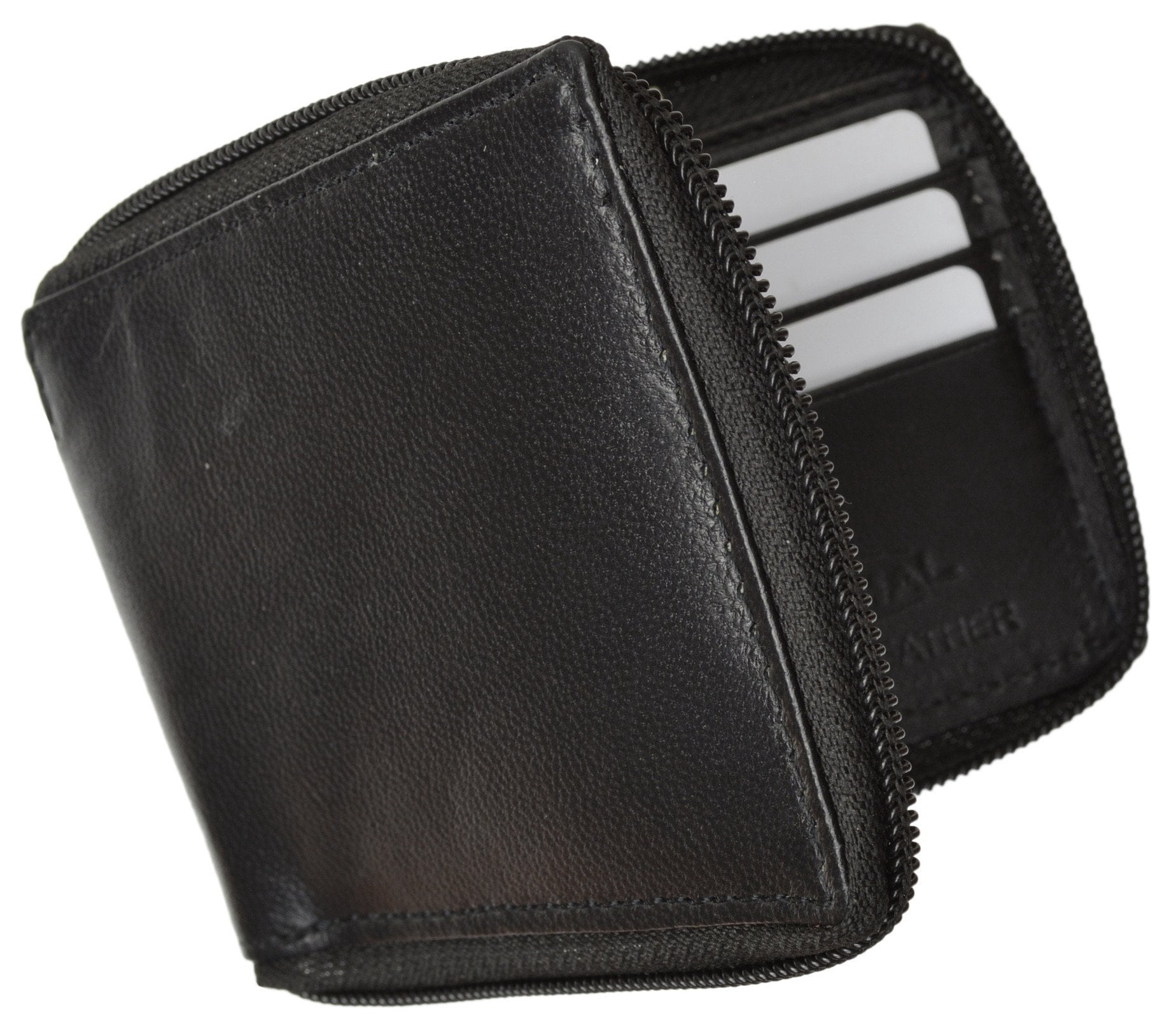 Zippered Bifold Mens Wallet Deluxe Credit Card Flip Genuine Lamb Leather P 1256 (C) Black - Image 6