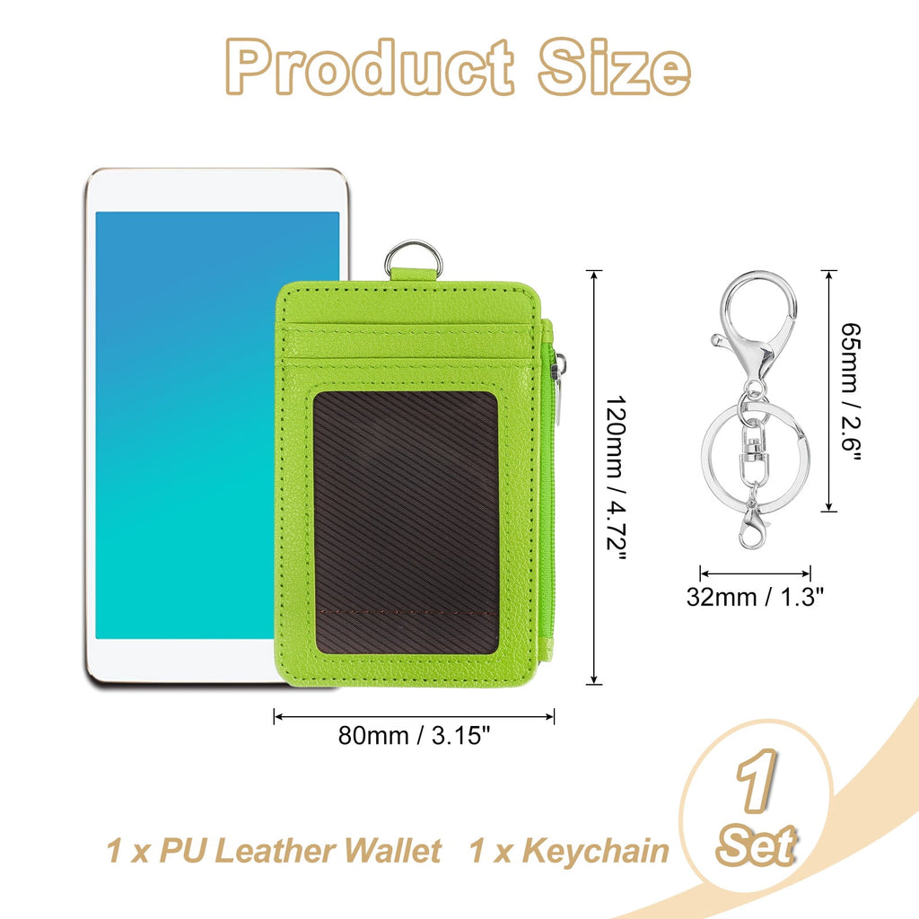 Slim PU Leather Card Holder Wallet with Keychain, Green - Image 2