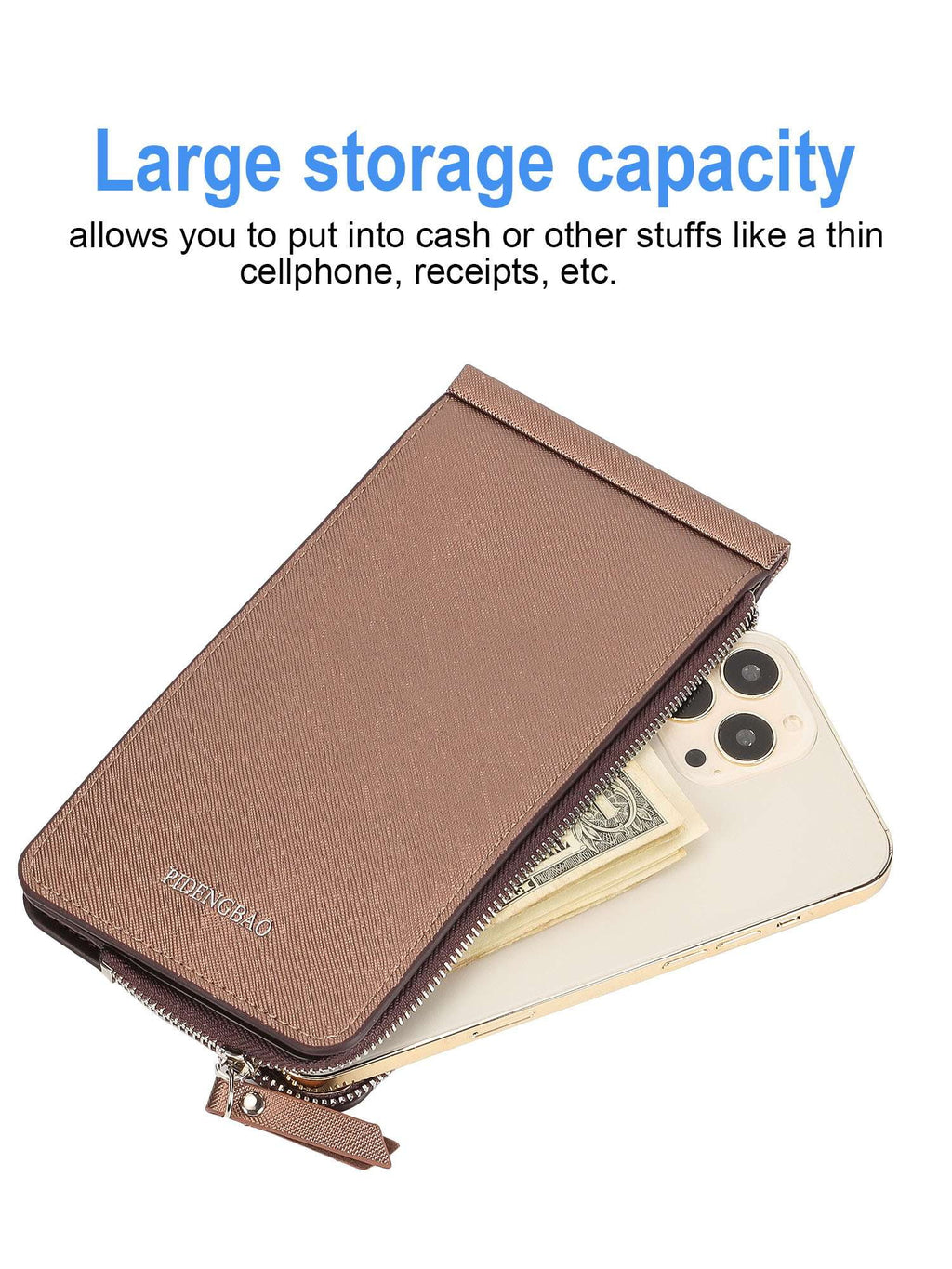 Leather Wallets for Women RFID Blocking Slim Purse Card Holder with Zipper Pocket (Kaki) - Image 4