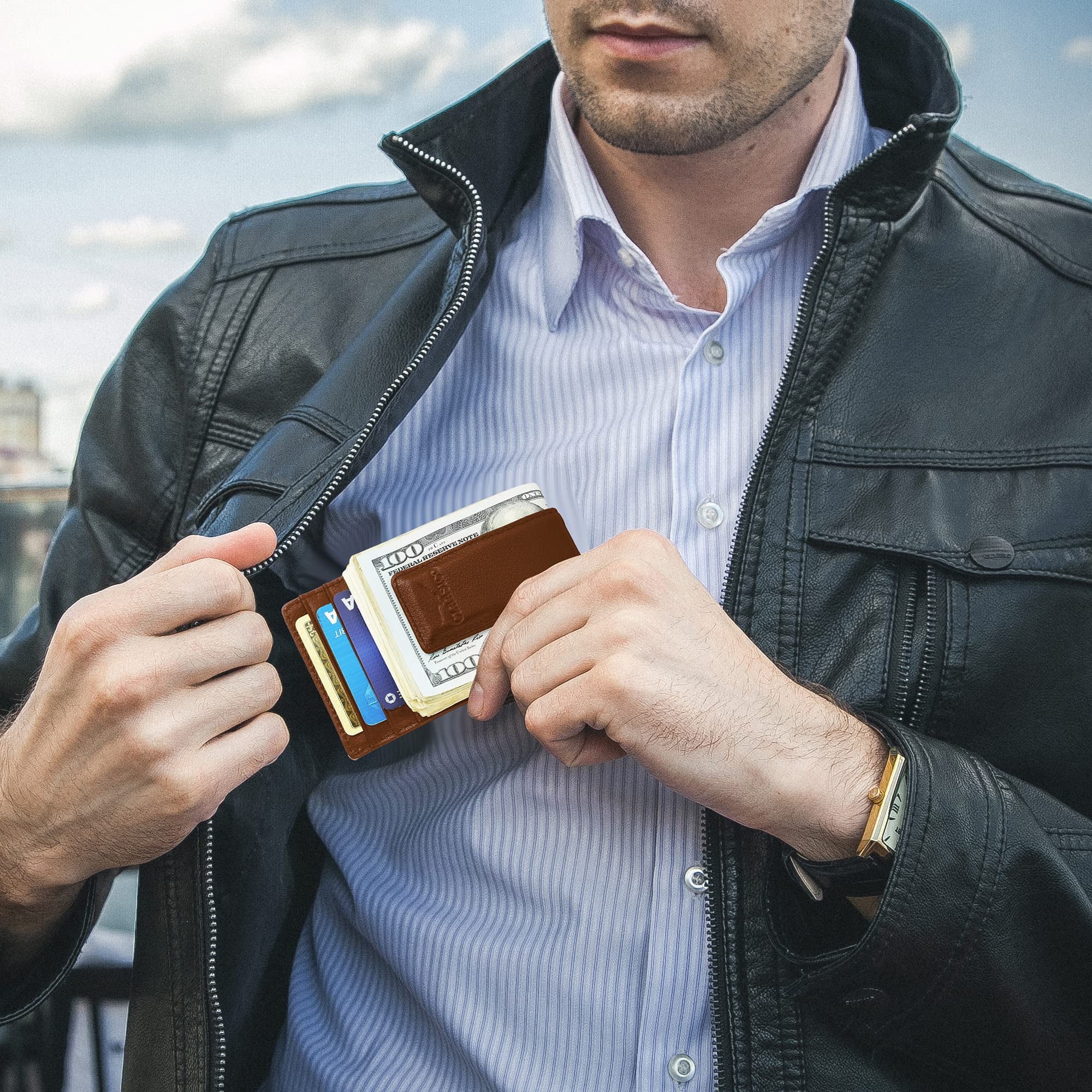 Money Clip Leather Wallet For Men Slim Front Pocket RFID Blocking Card Holder With Super Strong Magnetic - Image 6