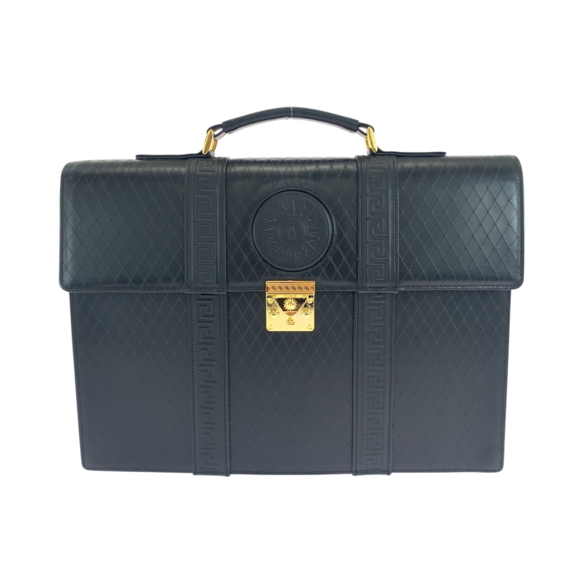 Pre-Owned Gianni Versace Vintage Sunburst Black Leather Business Briefcase with Gold Hardware...