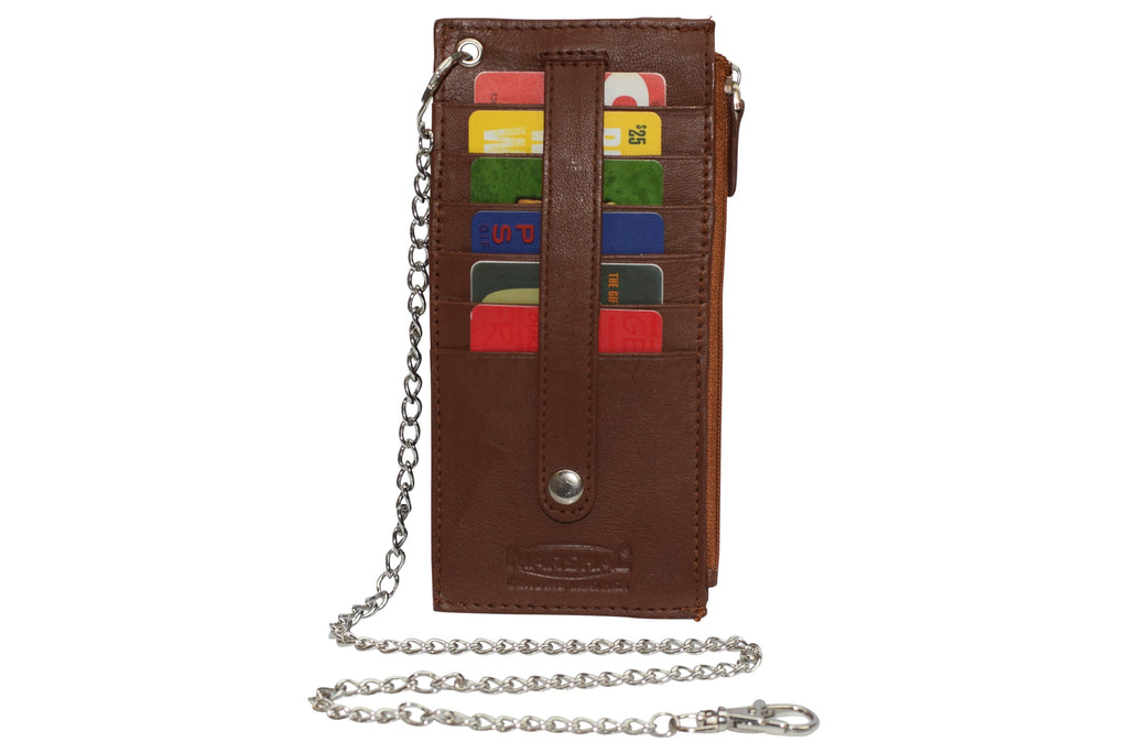 Women's Card Case Holder Slim Wallet with Chain & Card Protection Strap Genuine Leather - Image 4