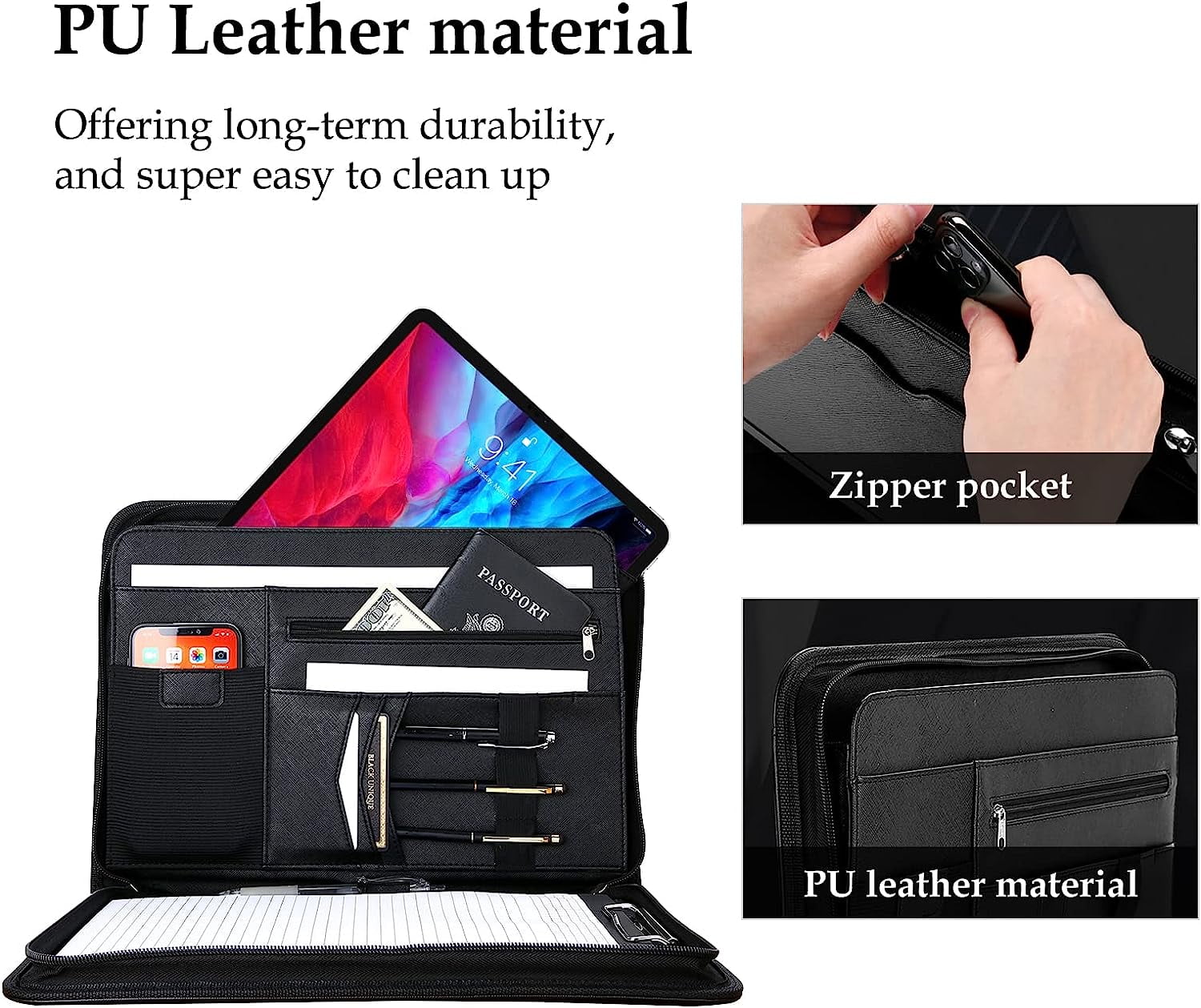 Portfolio Binder, Leather Padfolio File Folder Zipper Notepad Business Legal Document Holder with Tablet Sleeve, Phon... - Image 5