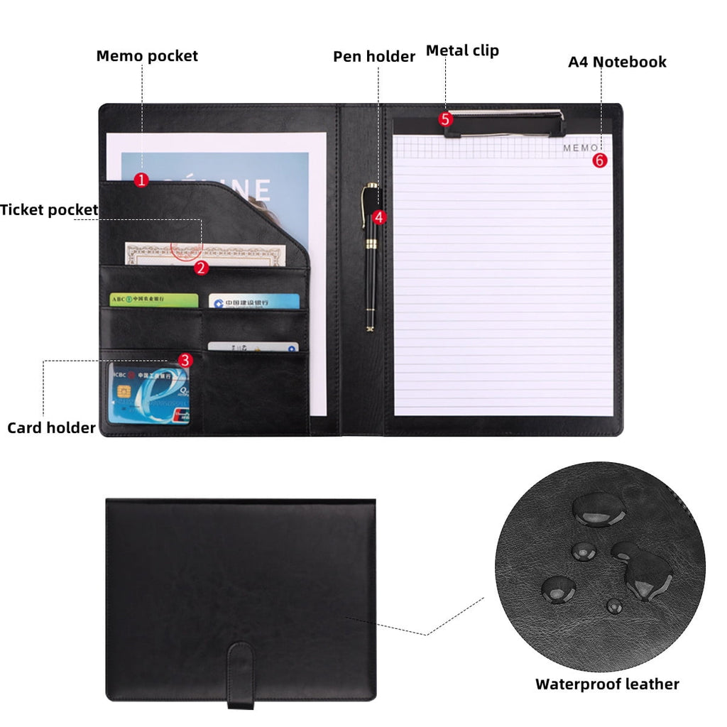 Leather Padfolio Professional File Folder with Pen Holder, Black - Image 3
