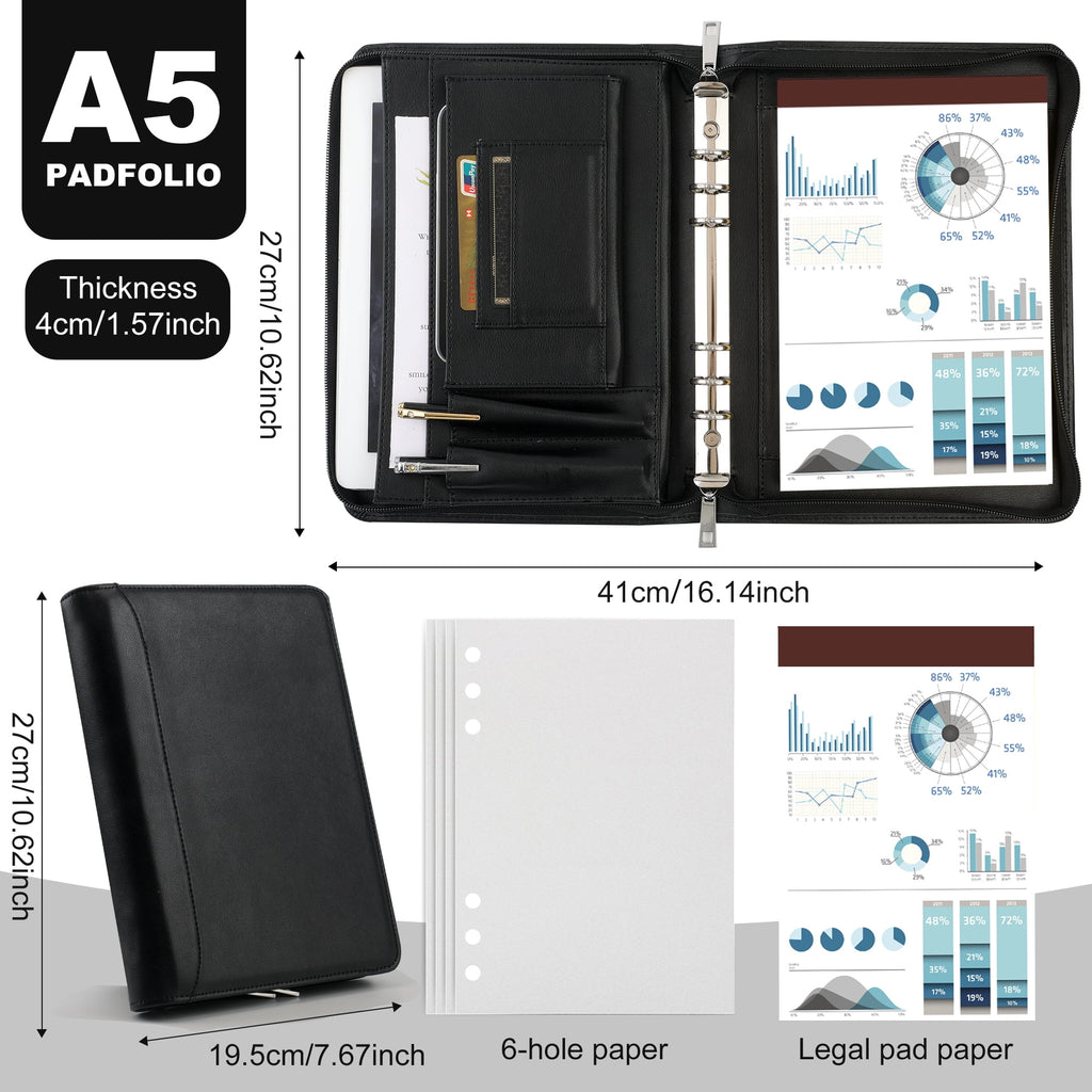 Zippered Leather Binder Padfolio , A5 Binder 6 Ring Vegan Leather Portfolio Folder, Professional Document with A5 Cli... - Image 3