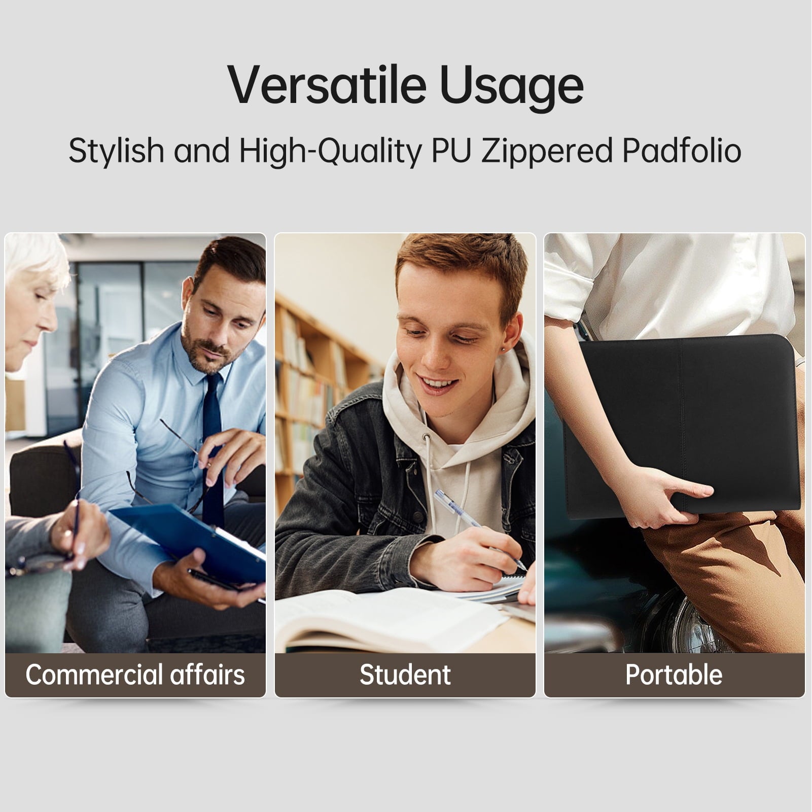 document Bisofice Zippered Business Padfolio A4 PU Leather Portfolio Organizer for Interview Resume Document Planner ... - Image 6