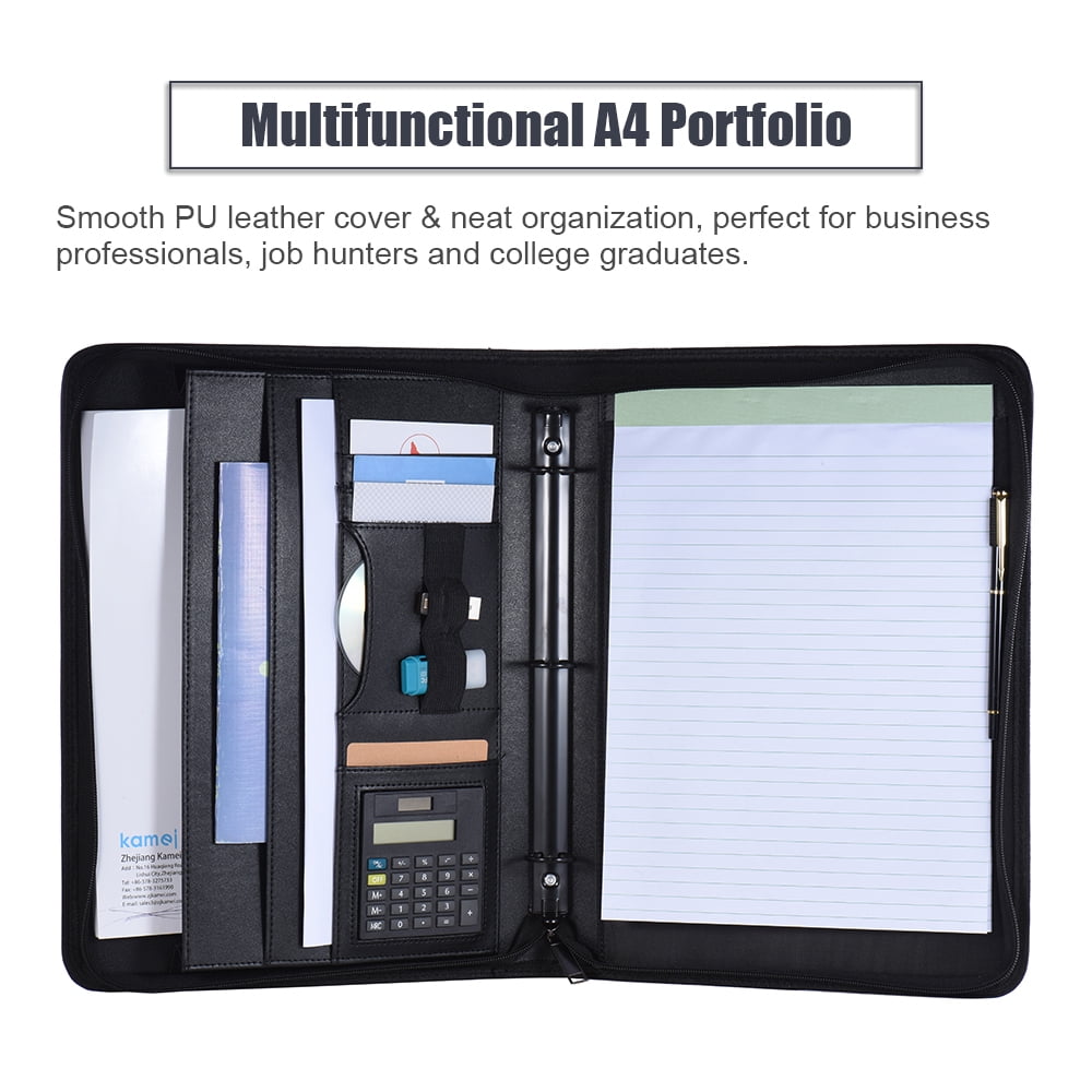 A4 PU Leather Zippered Padfolio with Calculator and Card Holder - Image 2