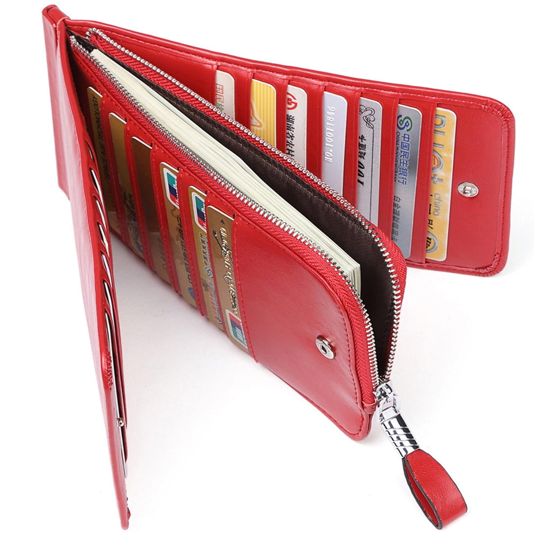 Womens Leather Credit Card Holder Wallet RFID Blocking Wallet Women Card Case Purse Oil Wax Red - Image 3
