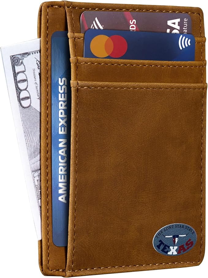 Texas Long Horn on Cardholder Slim Front Pocket Wallet, PU Leather, Khaki, Card Holder, RFID Blocking with Texas Souv... - Image 3