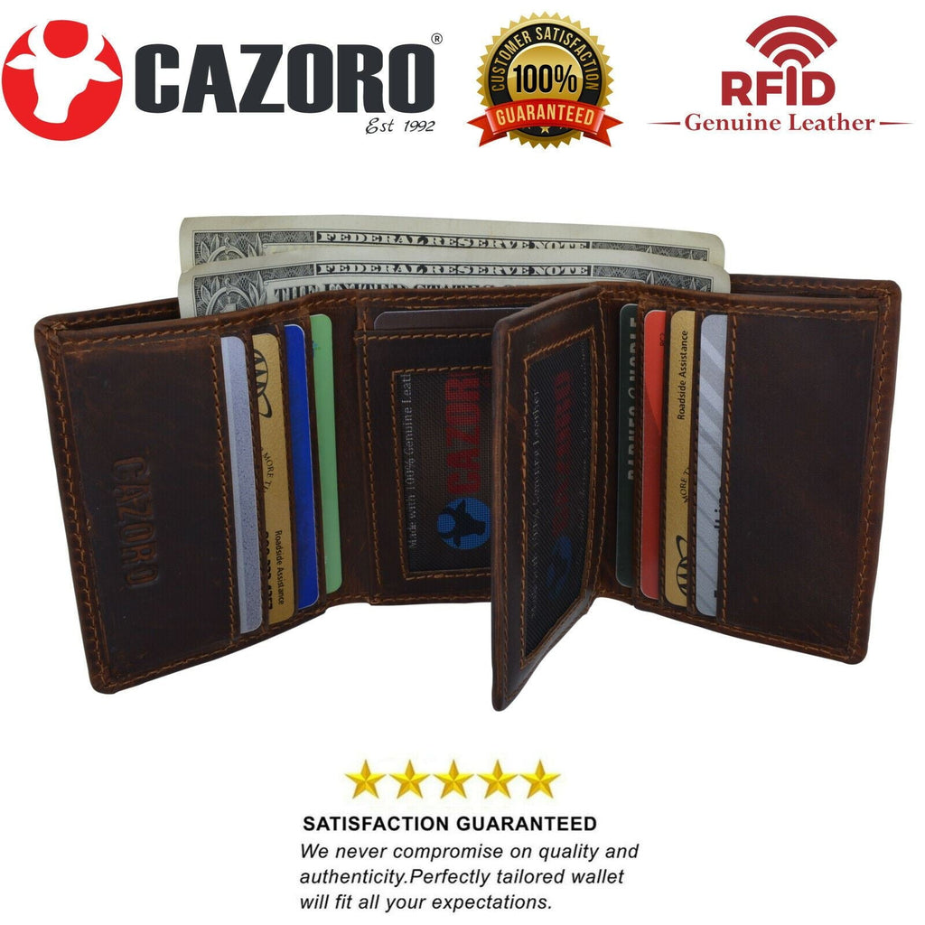 RFID Blocking Brown Vintage Leather Men's Trifold Center Flap Wallet - Image 2