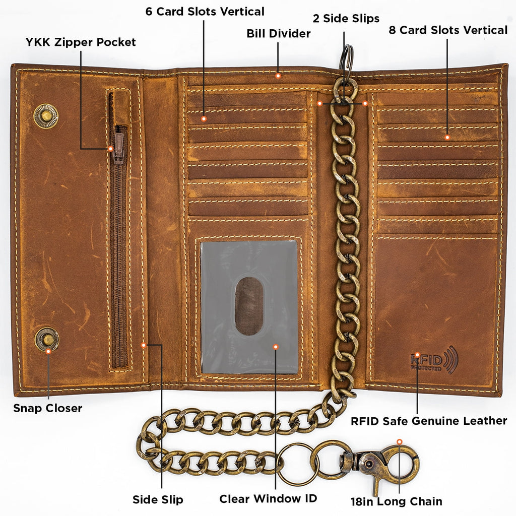 Long Trifold RFID Blocking, Credit Card Money Organizer, Top Bill Slot, Leather Biker Trifold Chain Wallet Long Check... - Image 3