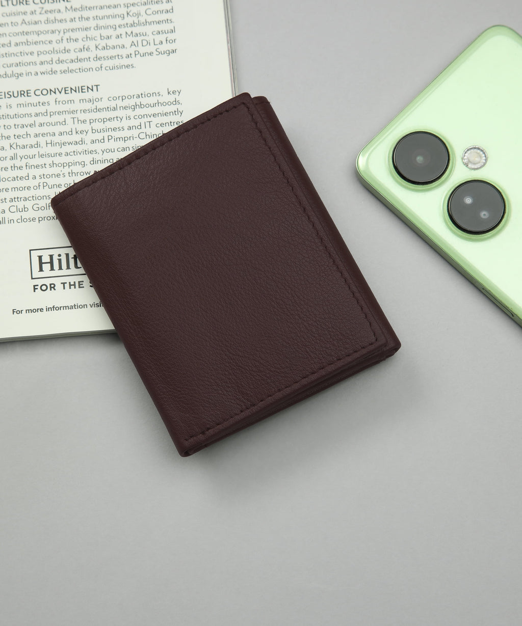 Genuine Leather Slim Trifold Wallet for Men with ID Window and RFID Blocking, Dark Brown - Image 2