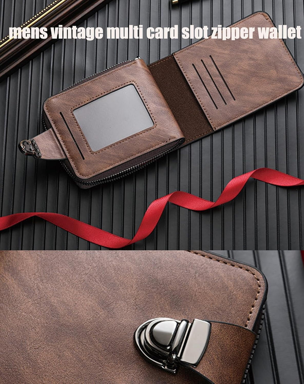 Men's Vintage Compact Zipper Wallet, Slim Leather Slots Credit Card Holder Rfid Blocking Bifold Minimalist Wallet (Black) - Image 3