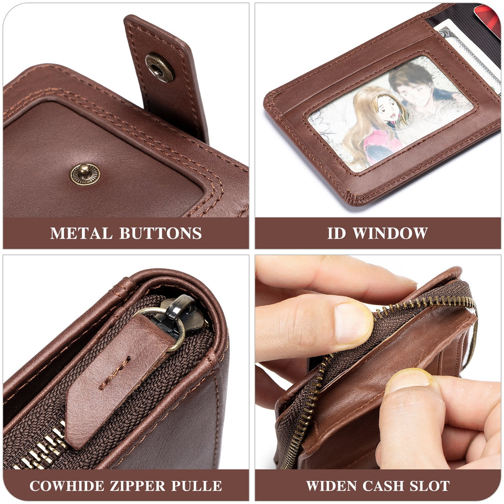 Genuine Leather Zipper Wallet for Men Rfid Blocking Large Capacity Vintage Wallet with Coin Pocket ID Window, Coffee - Image 5