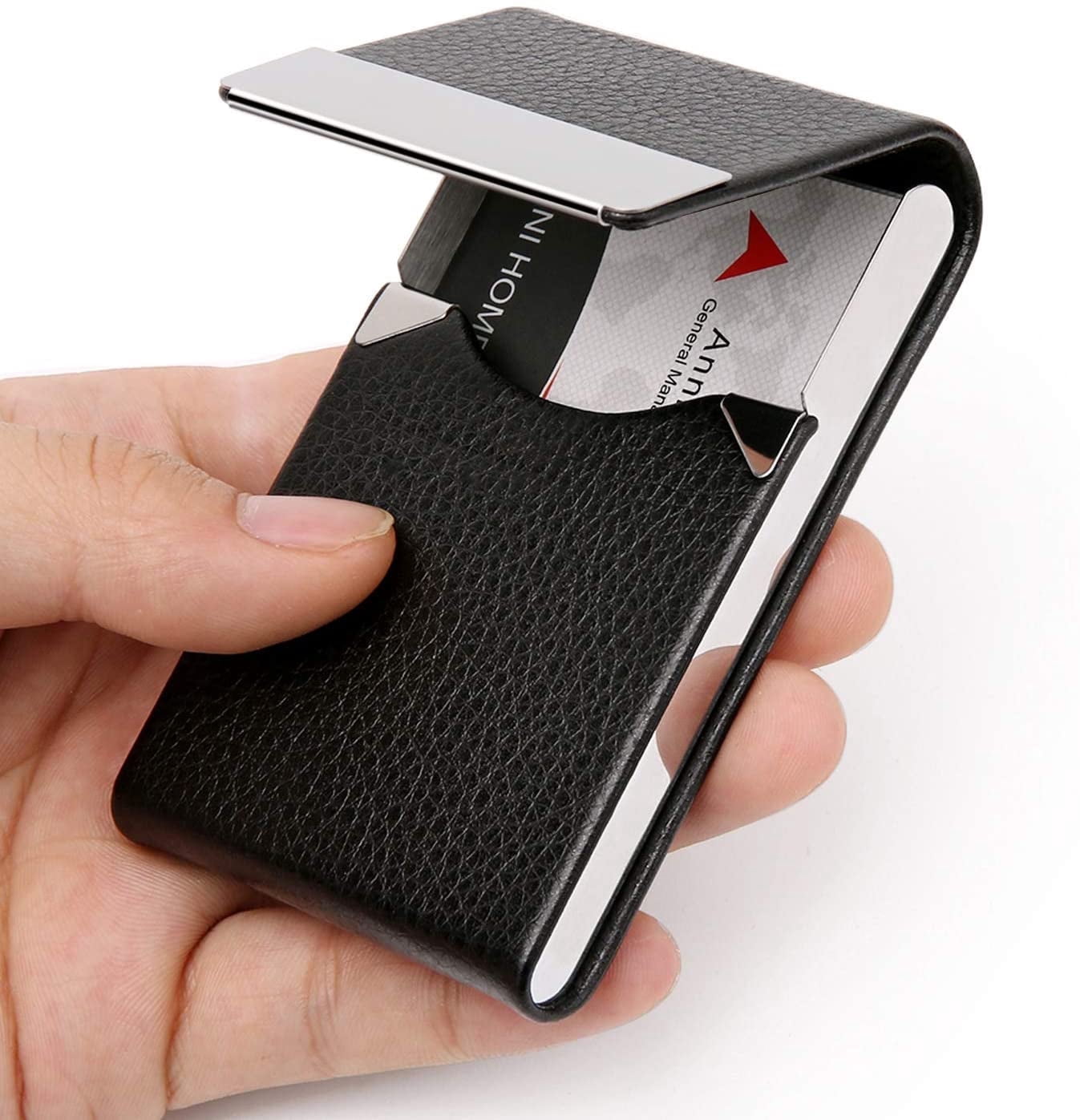 PU Leather Business Card Holder Case, Slim Metal Pocket Card Holder with Magnetic Closure