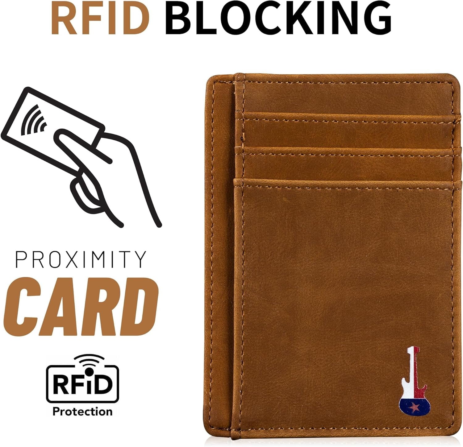 Texas Guitar on Cardholder, Slim Front Pocket Wallet, PU Leather, Khaki, Card Holder, RFID Blocking with Texas Souven... - Image 6