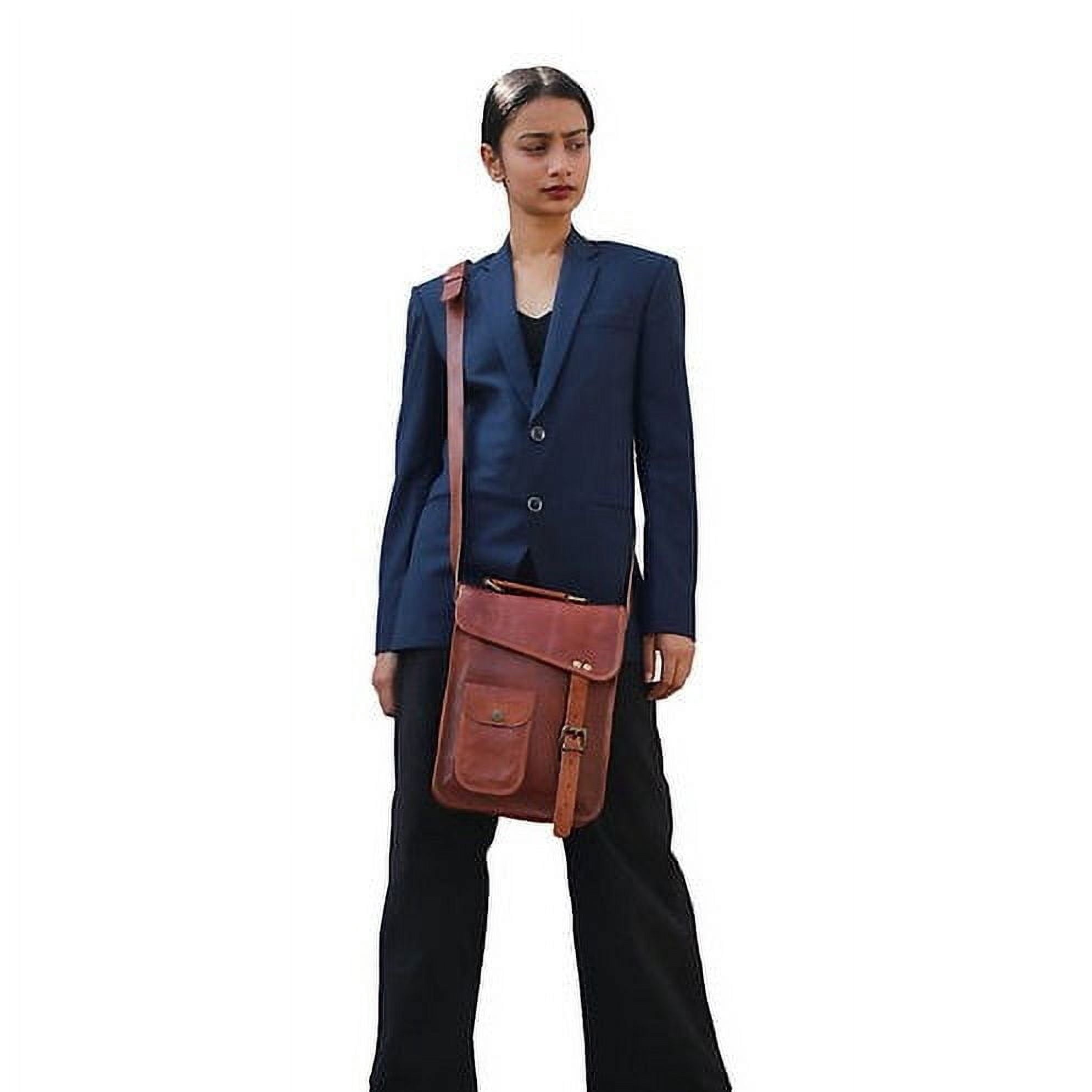 11" Leather Satchel Brown Messenger Bag Office Briefcase for Men Women Cross Body Shoulder Side Purse Travel Work iPa... - Image 6