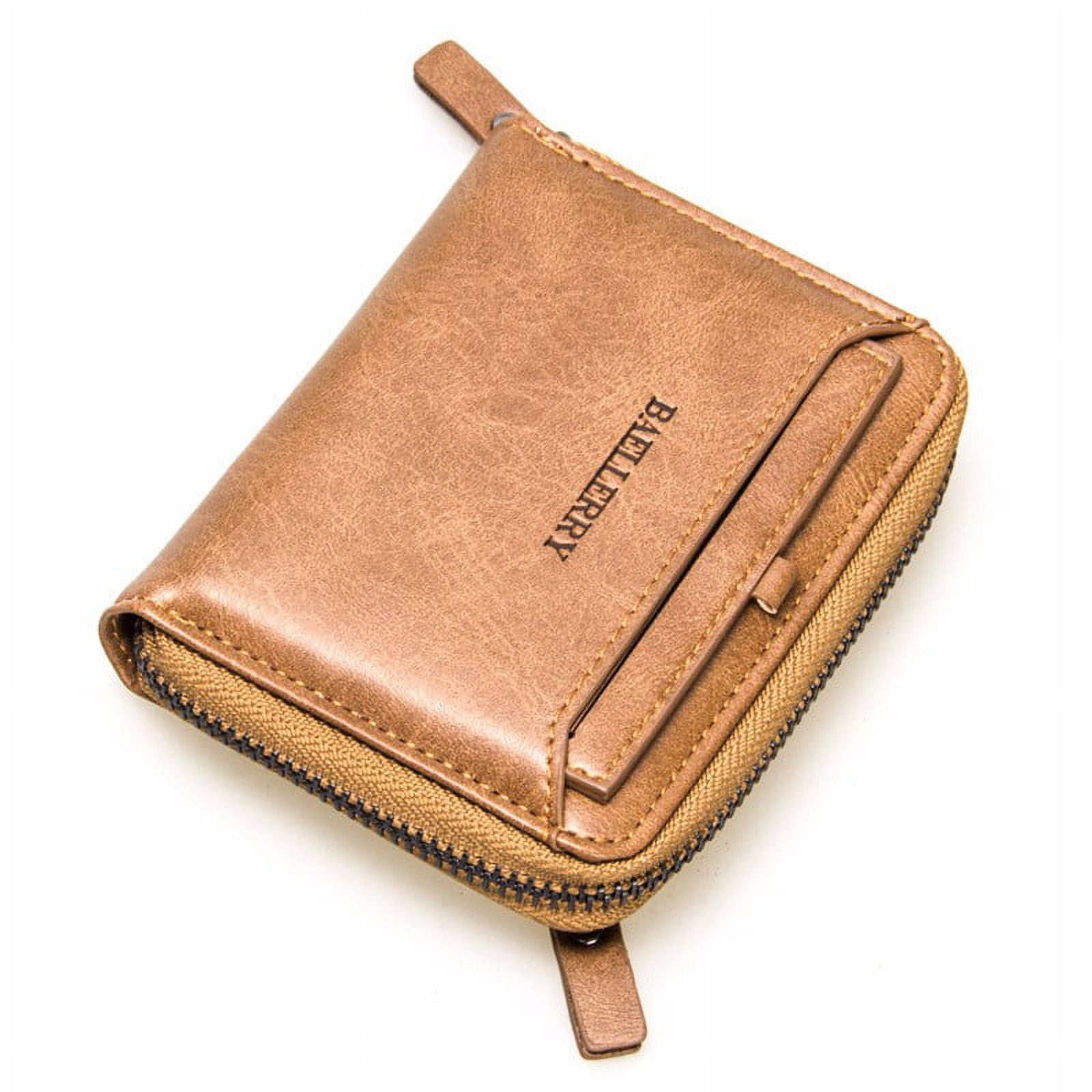 DT Men's Mens Brown Leather Bifold Credit ID Card Holder Wallet with Zipper Coin Pocket Purse - Image 2