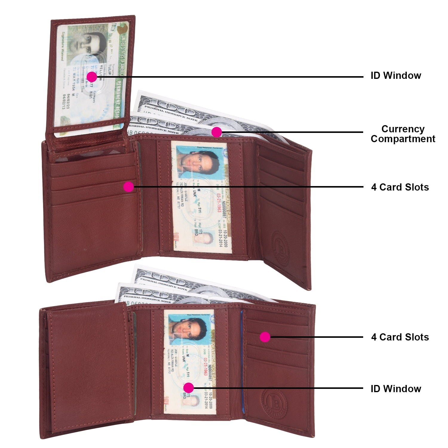 Mens Flap Up ID Trifold Genuine Leather Wallet, Brown - Image 3