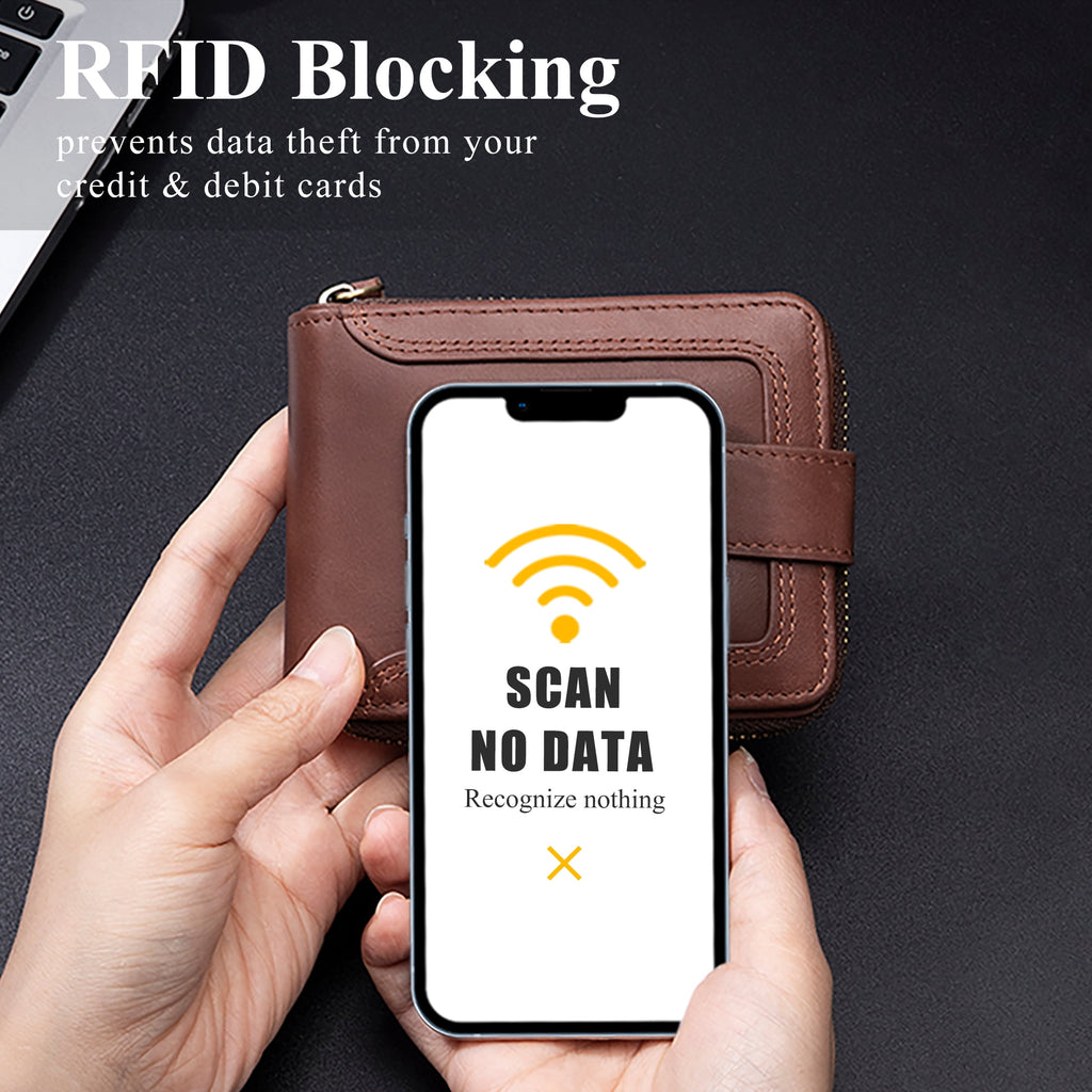 Genuine Leather Zipper Wallet for Men Rfid Blocking Large Capacity Vintage Wallet with Coin Pocket ID Window, Coffee - Image 4