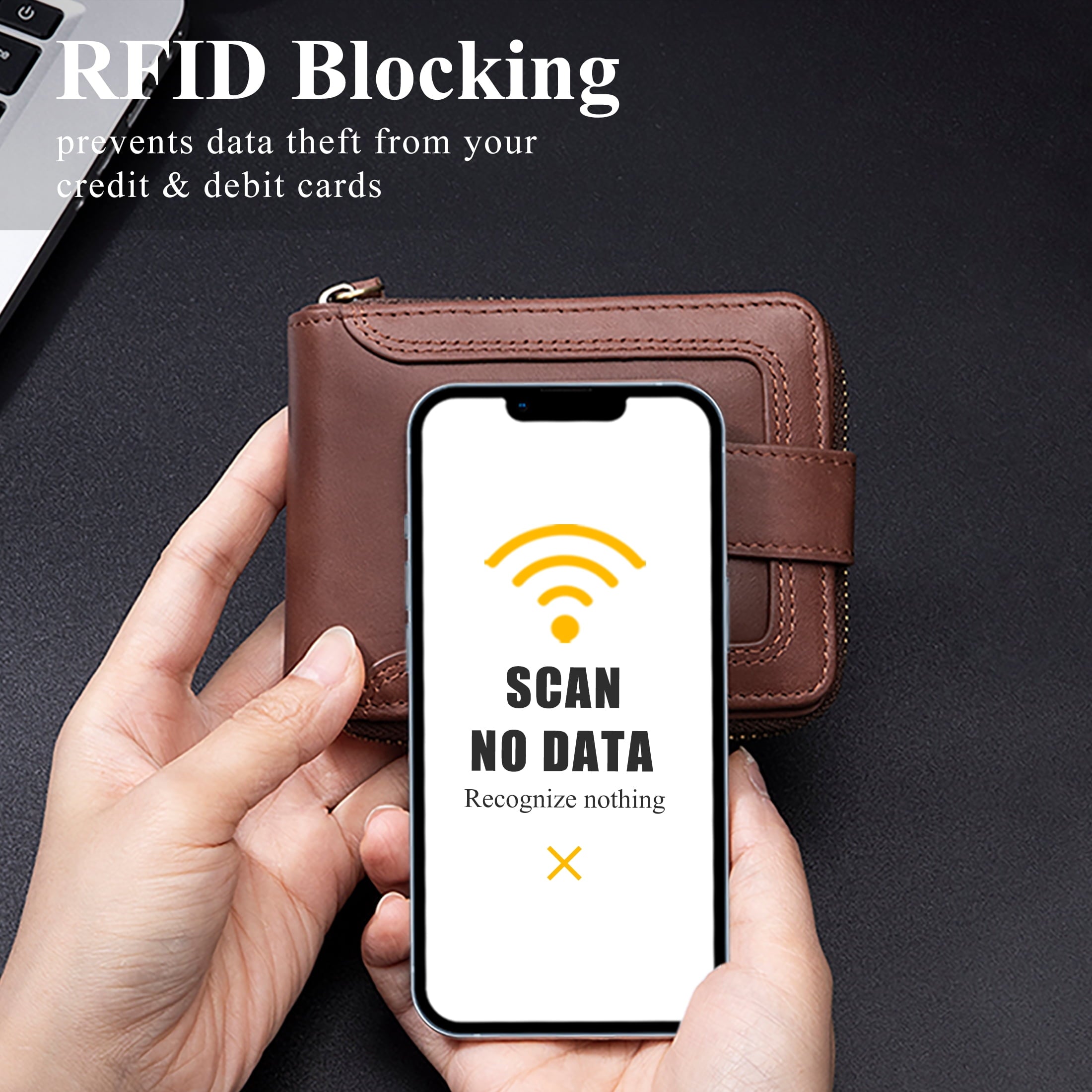 Genuine Leather Zipper Wallet for Men Rfid Blocking Large Capacity Vintage Wallet with Coin Pocket ID Window, Coffee - Image 4
