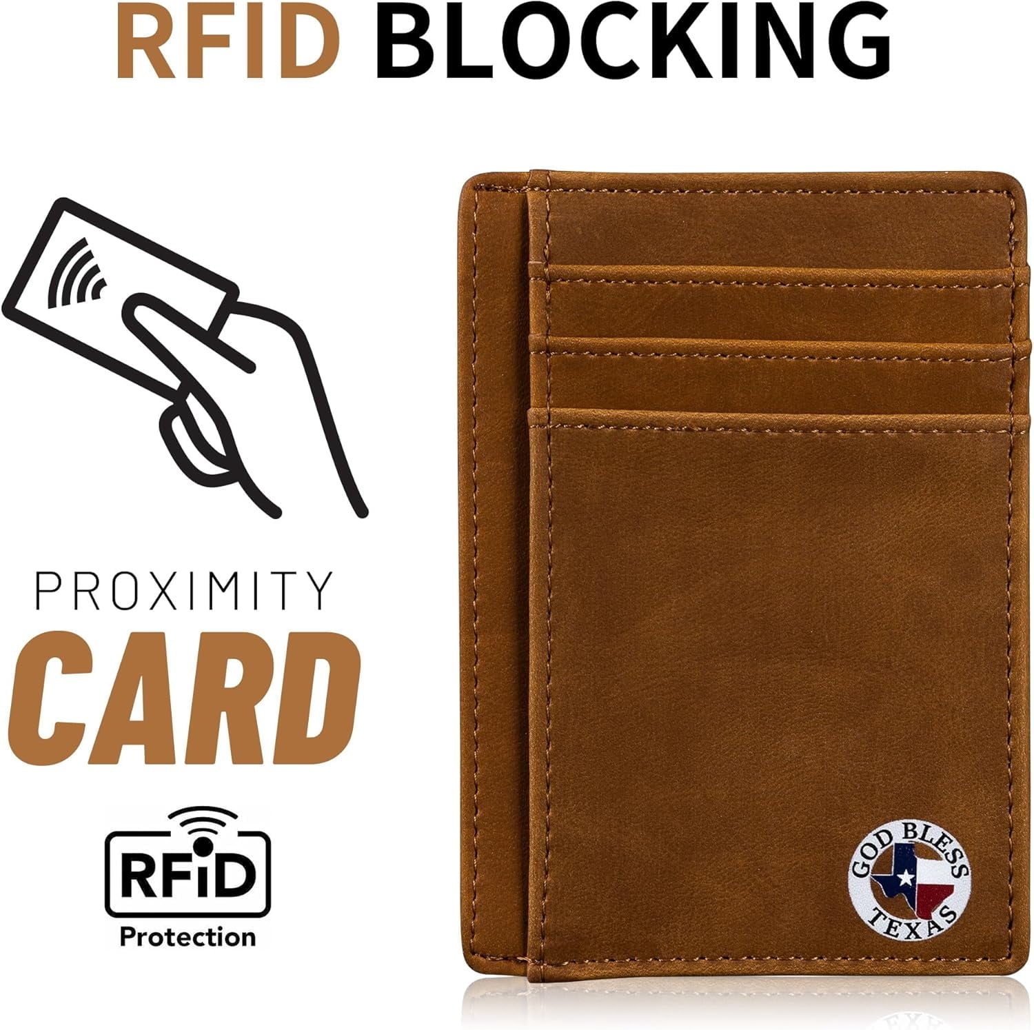Gift for Texans and their lovers (God Bless Texas on Cardholder)  Slim Front Pocket Wallet, PU Leather, Khaki, Card Holder, RFID Blocking wi - Image 6