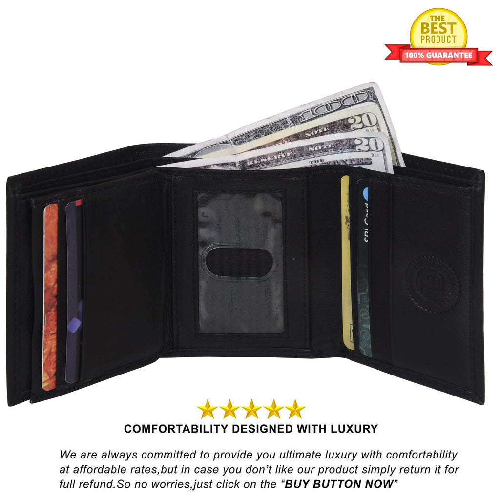 100% Leather Tri-fold Credit Card Mens Wallet Black 961107 (C) - Image 2
