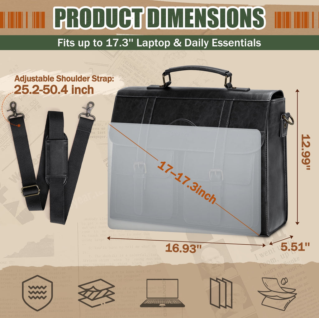 17 Inch Vintage Leather Laptop Magnetic Closure Large Satchel Computer Briefcase Shoulder ,Black - Image 5