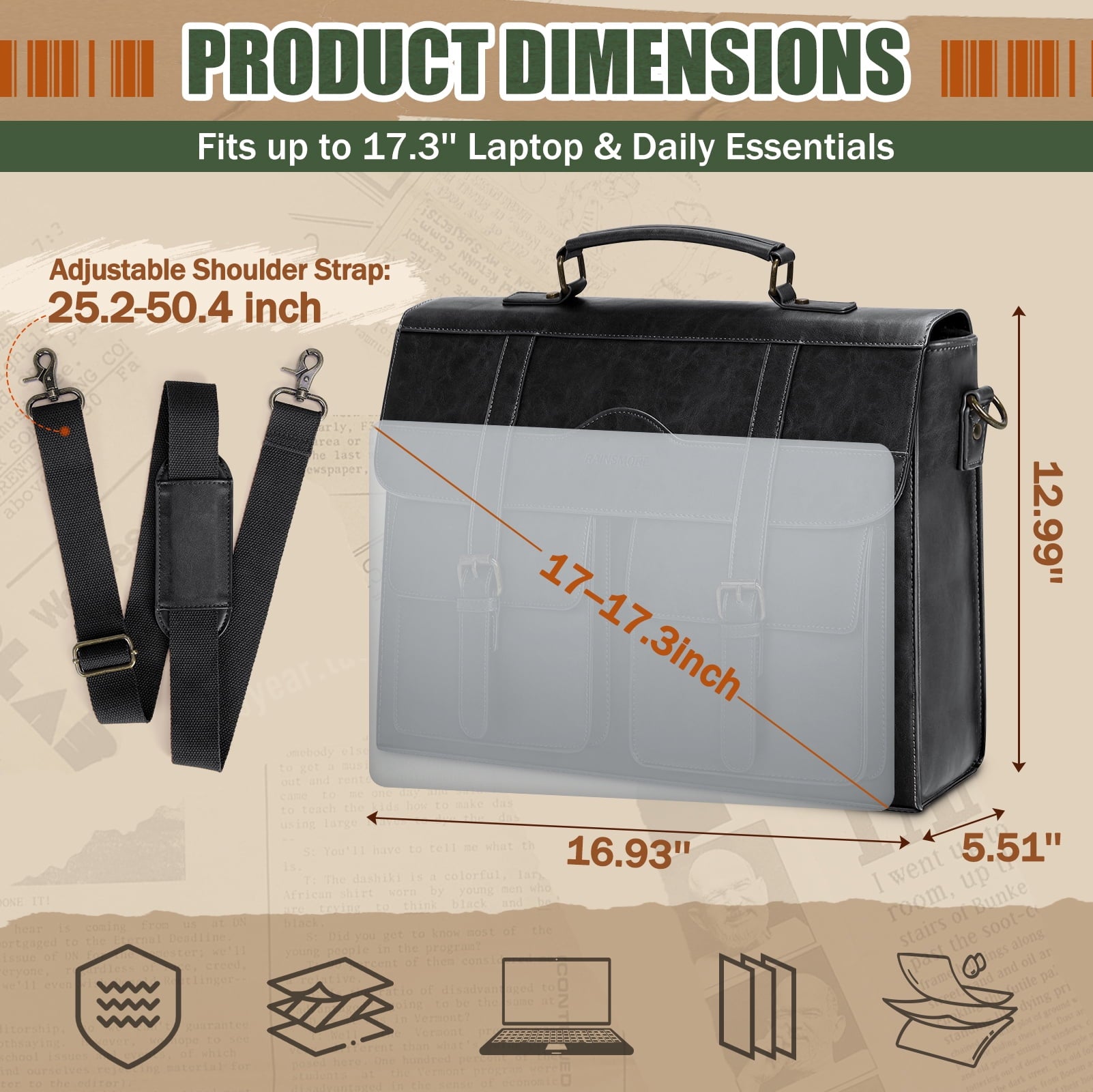 17 Inch Vintage Leather Laptop Magnetic Closure Large Satchel Computer Briefcase Shoulder ,Black - Image 5