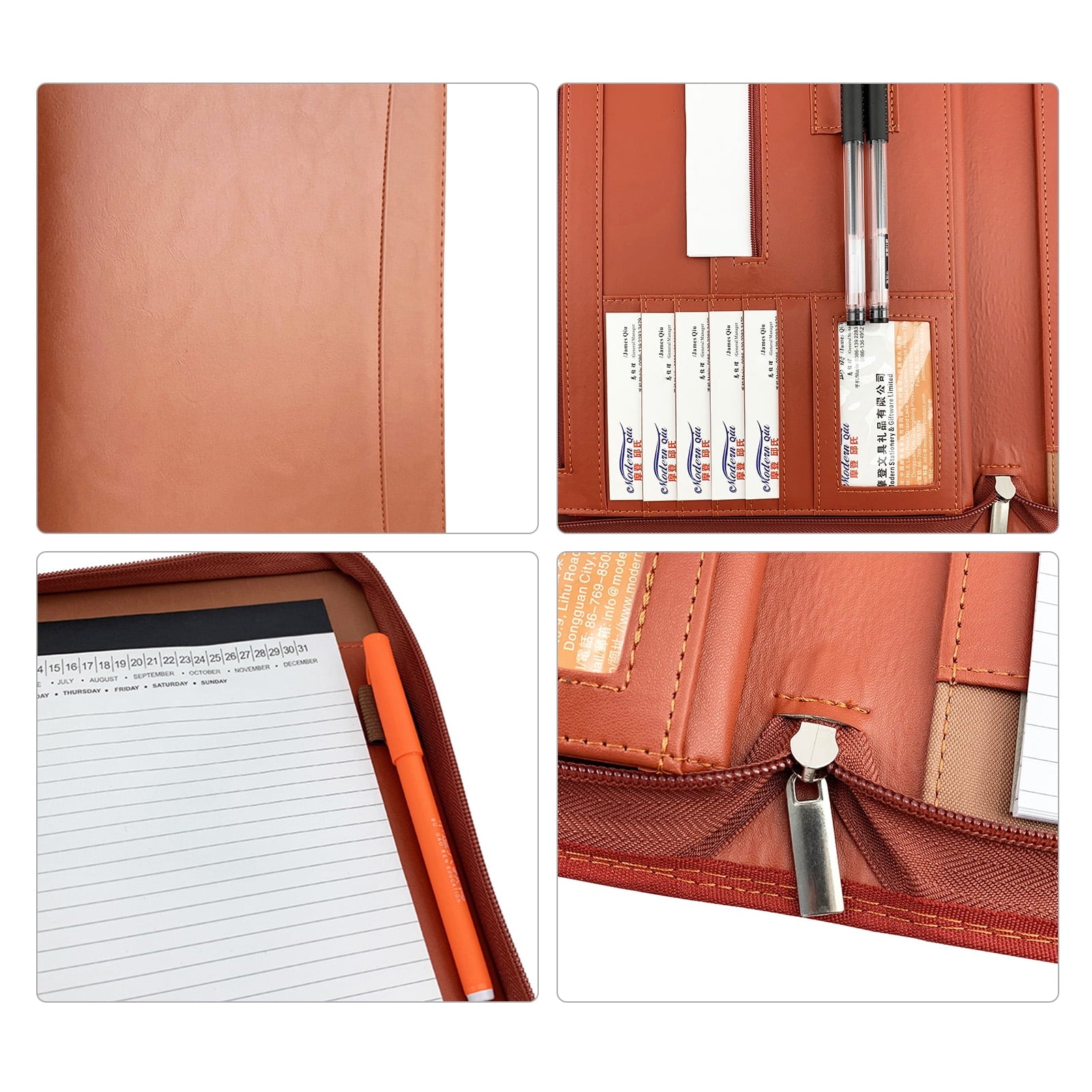 Irfora Stylish Brown Zippered Padfolio, PU Leather Portfolio Organizer for Men and Women - Image 6