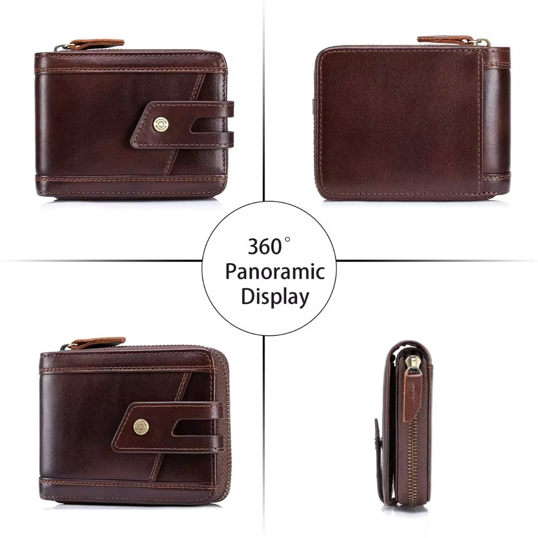 Genuine Leather Wallets for Men with Zipper RFID Blocking Large Capacity Retro Mens Wallet, Brown - Image 3