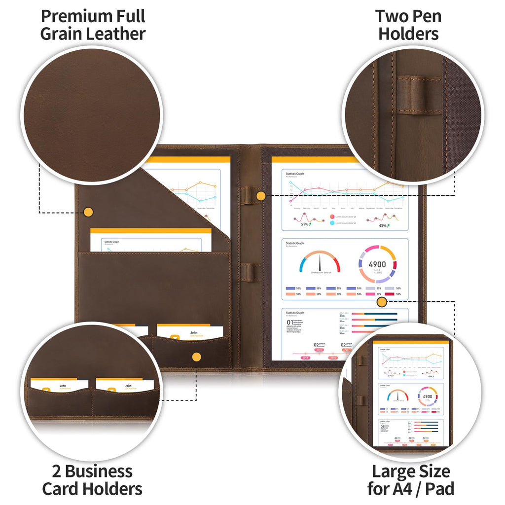 Leather Portfolio Organizer For Men Women  Padfolio Business Resume Legal Pad Notebook Binder A4/pad Folio Folder Brown - Image 4