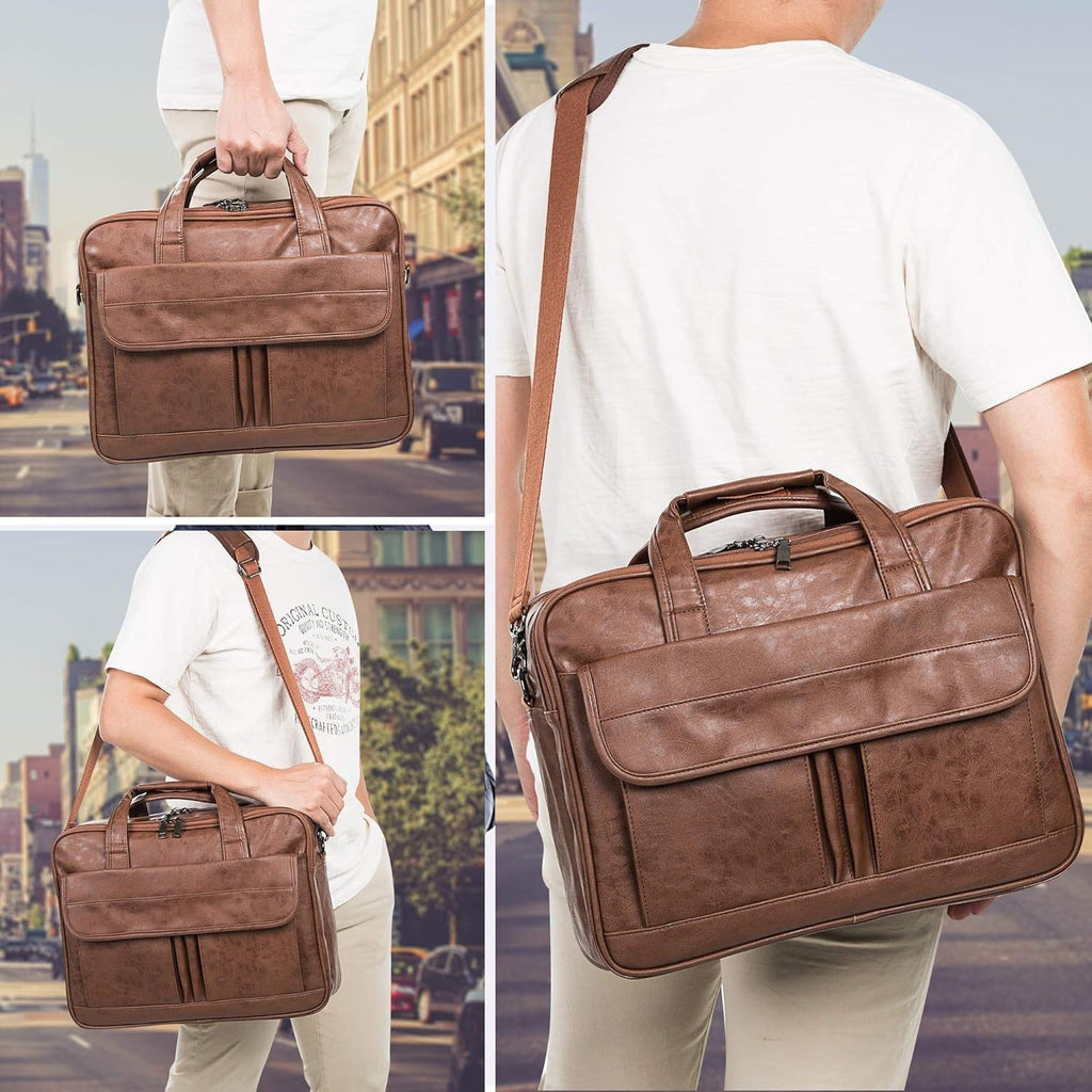 Men's leather mailman bag 17.3-inch laptop briefcase business shoulder bag computer tote bag - Image 2