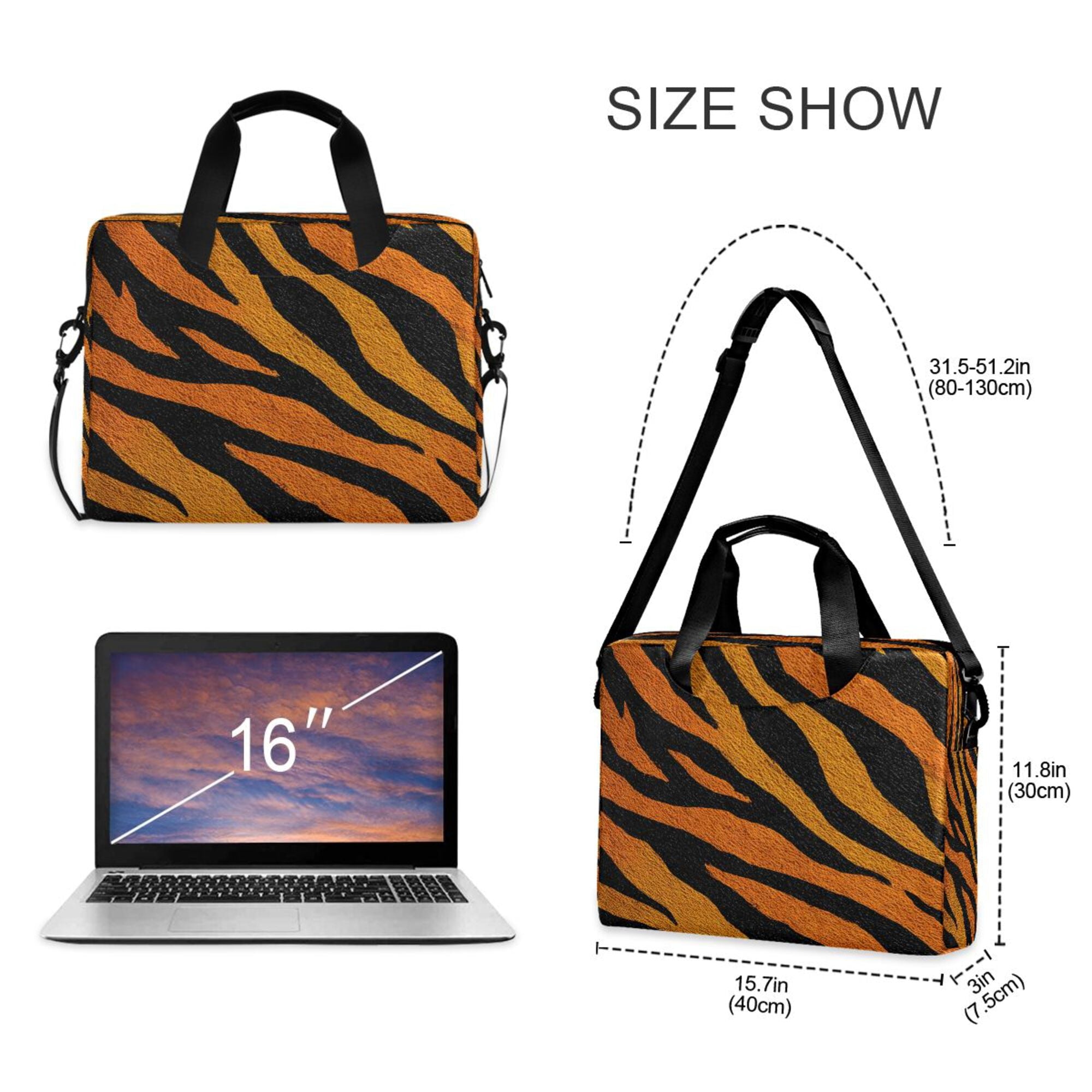 16" , Detachable Anti-Slip Shoulder Strap, Multi-Compartment Work Travel Bag Bright Amber Tiger Stripes - Image 3