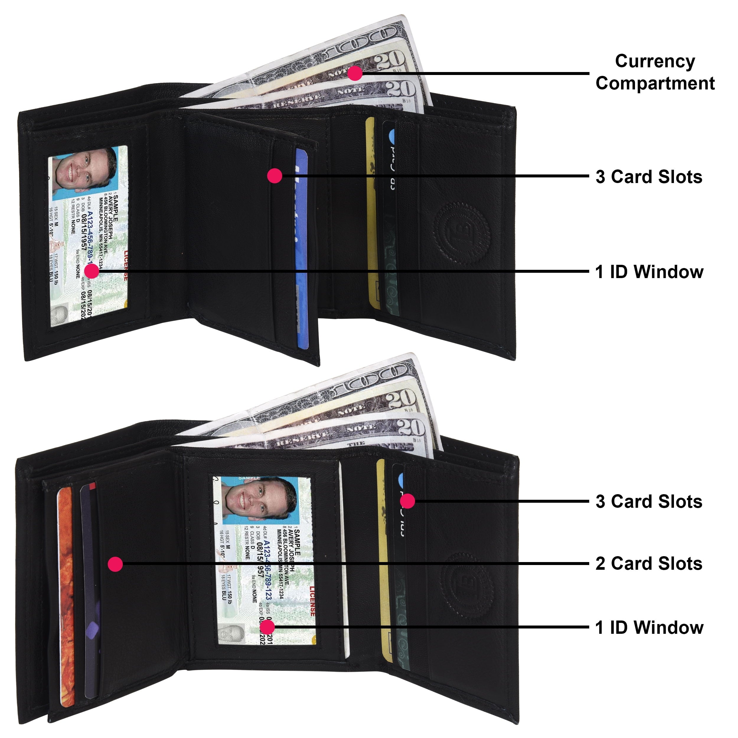 100% Leather Tri-fold Credit Card Mens Wallet Black 961107 (C) - Image 4