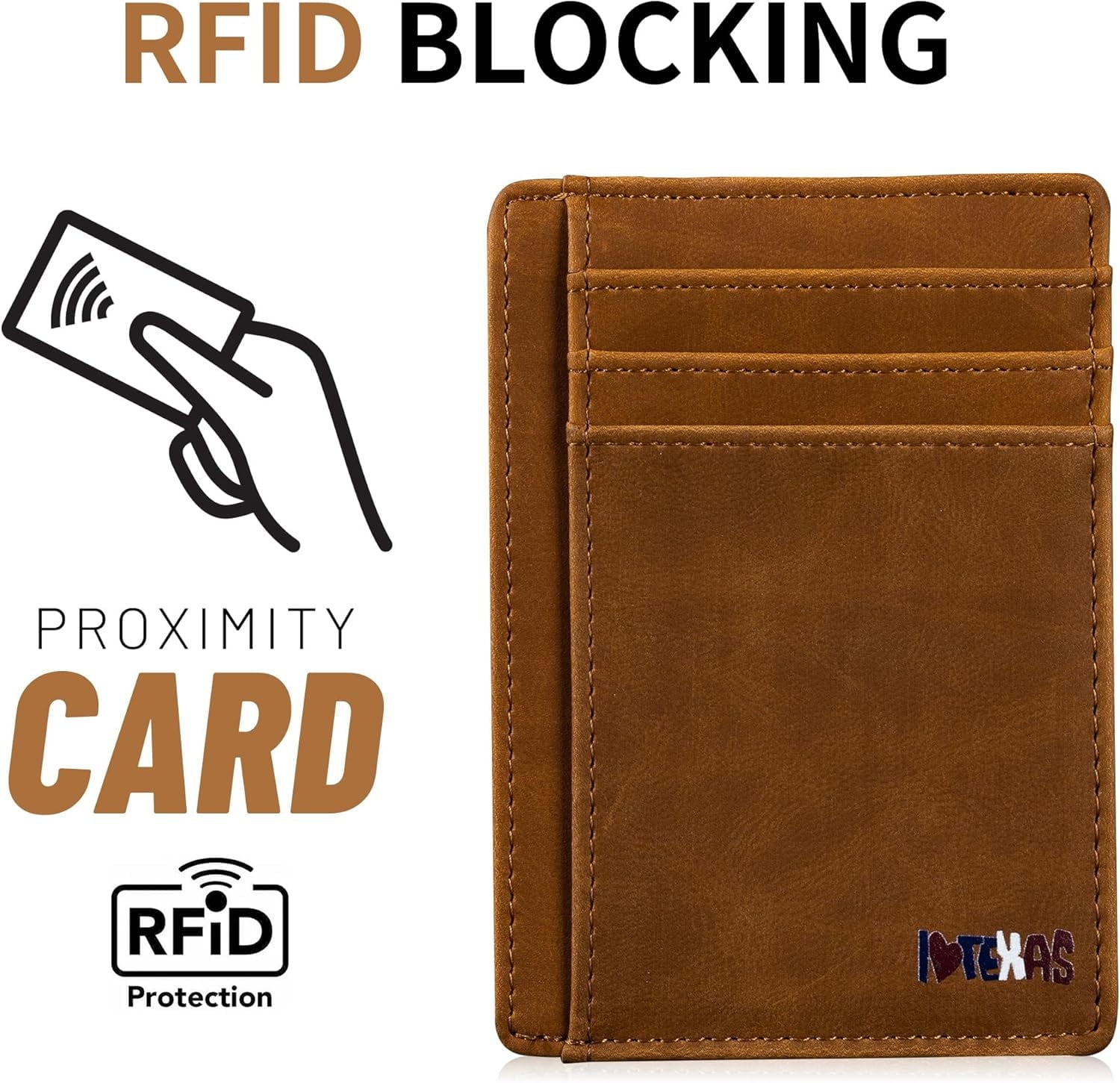 Slim Front Pocket Wallet, PU Leather, Khaki, Card Holder, RFID Blocking with Texas Souvenir Logo, Gift for Texans and... - Image 6