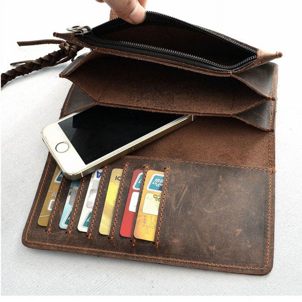 Vintage Men Leather Biker Long Chain Trucker Wallet Card Holder Checkbook Purse - Image 5