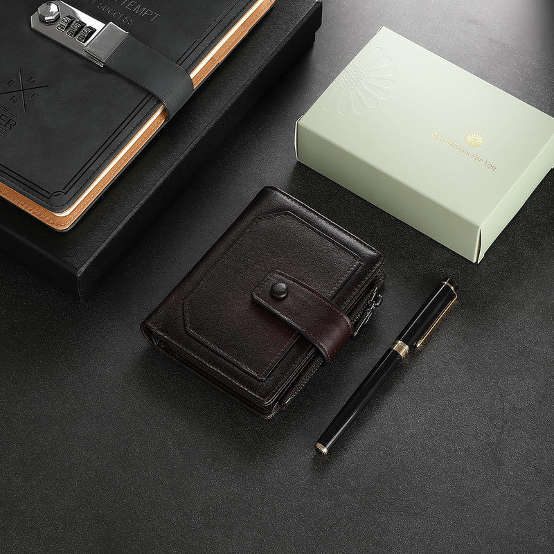 Genuine Leather Bifold Wallet for Men with Zipper Coin Pocket, RFID Blocking Slim Mens Wallet with 2 ID Windows, Gift Box - Image 6