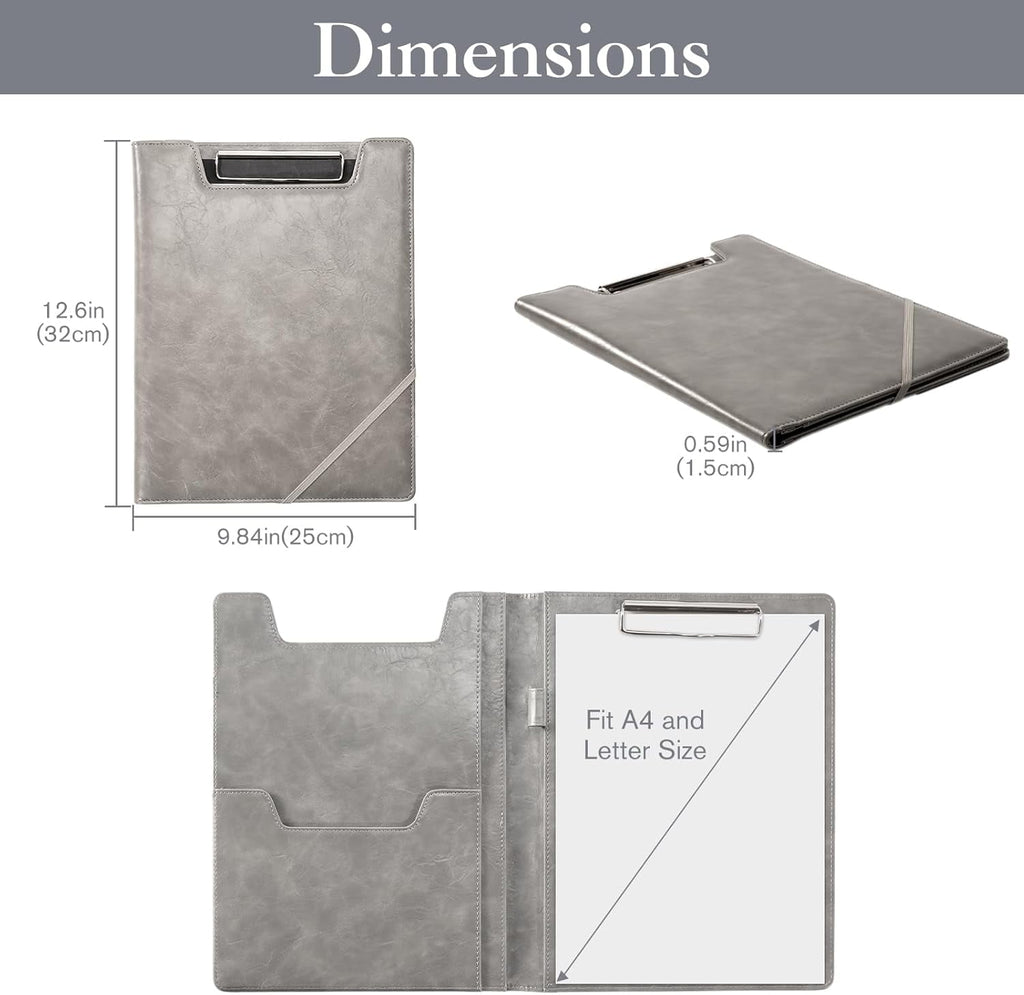 Leather Clipboard Folder Portfolio Business Padfolio Organizer Letter Size Professional Folder -Grey - Image 3