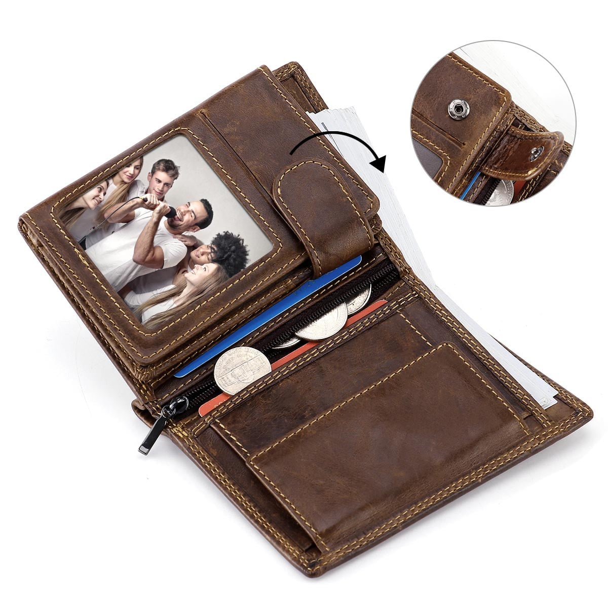 Trifold Billfold RFID Blocking Cowhide Leather Wallet for Men 10 Card Slots 2 ID Windows with Coin Pocket, Coffee - Image 2