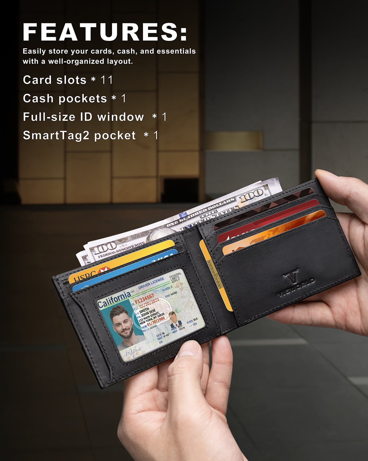 Men’s Bifold Full-Grain Leather Wallet Compatible with Samsung Galaxy SmartTag 2, RFID Blocking, 11 Card Slots (Black) - Image 3