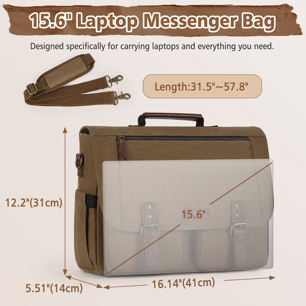 for Men 15.6inch Laptop Water-resistant Canvas Computer Satchel Briefcase for Work College,Brown - Image 5