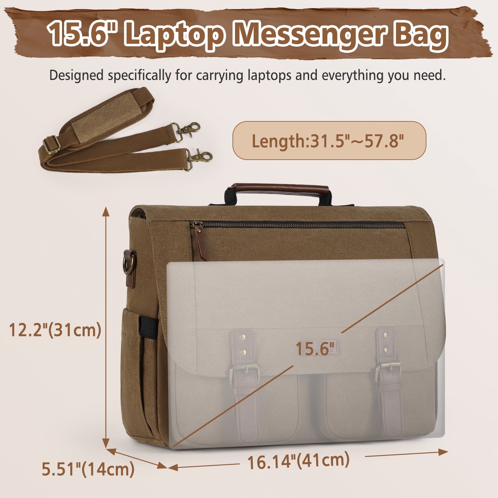 for Men 15.6inch Laptop Water-resistant Canvas Computer Satchel Briefcase for Work College,Brown - Image 5