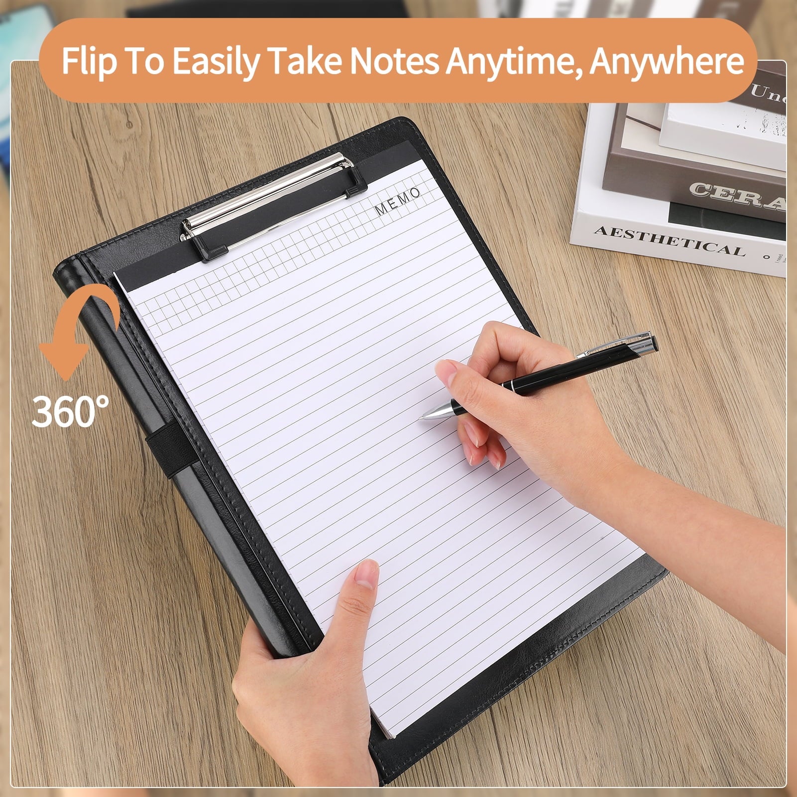 sixwipe Leather Portfolio Clipboard Folder, Business Resume Clipboard Binder Portfolio Folder with Writing Pad for A4 Document Organizer Off - Image 3