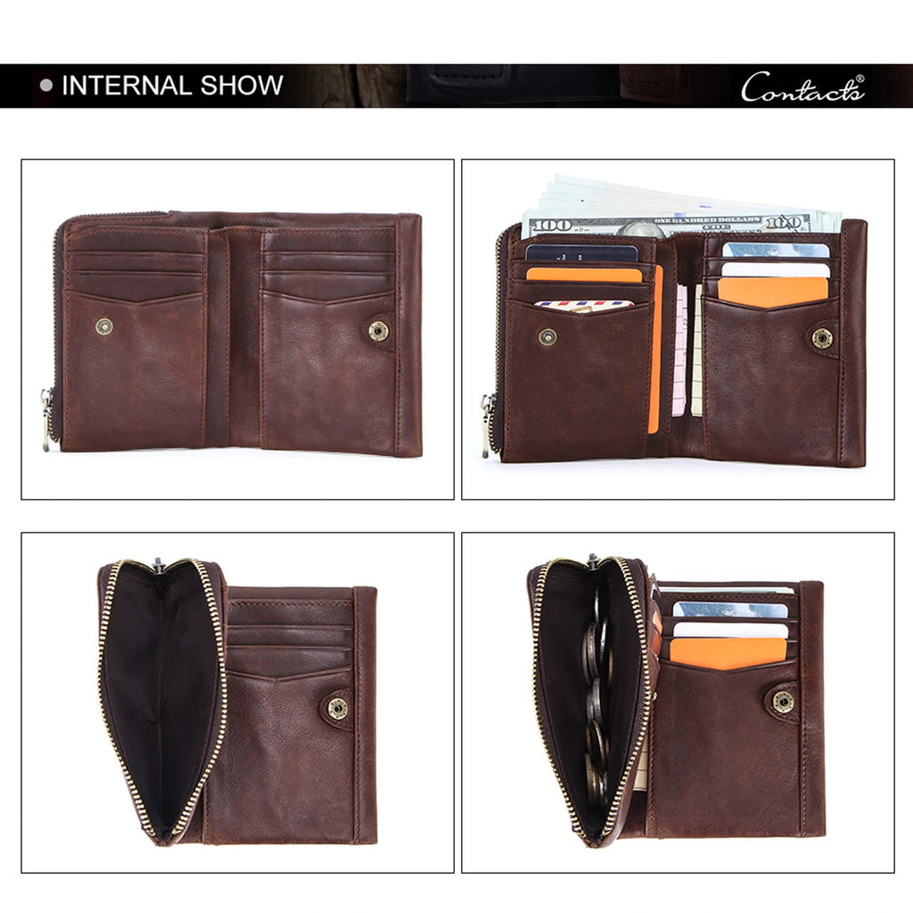 Men's RFID Blocking Billfold Wallet, Genuine Leather Vintage Wallet with Zipper Coin Pocket, Valentine Gift,Coffee - Image 2