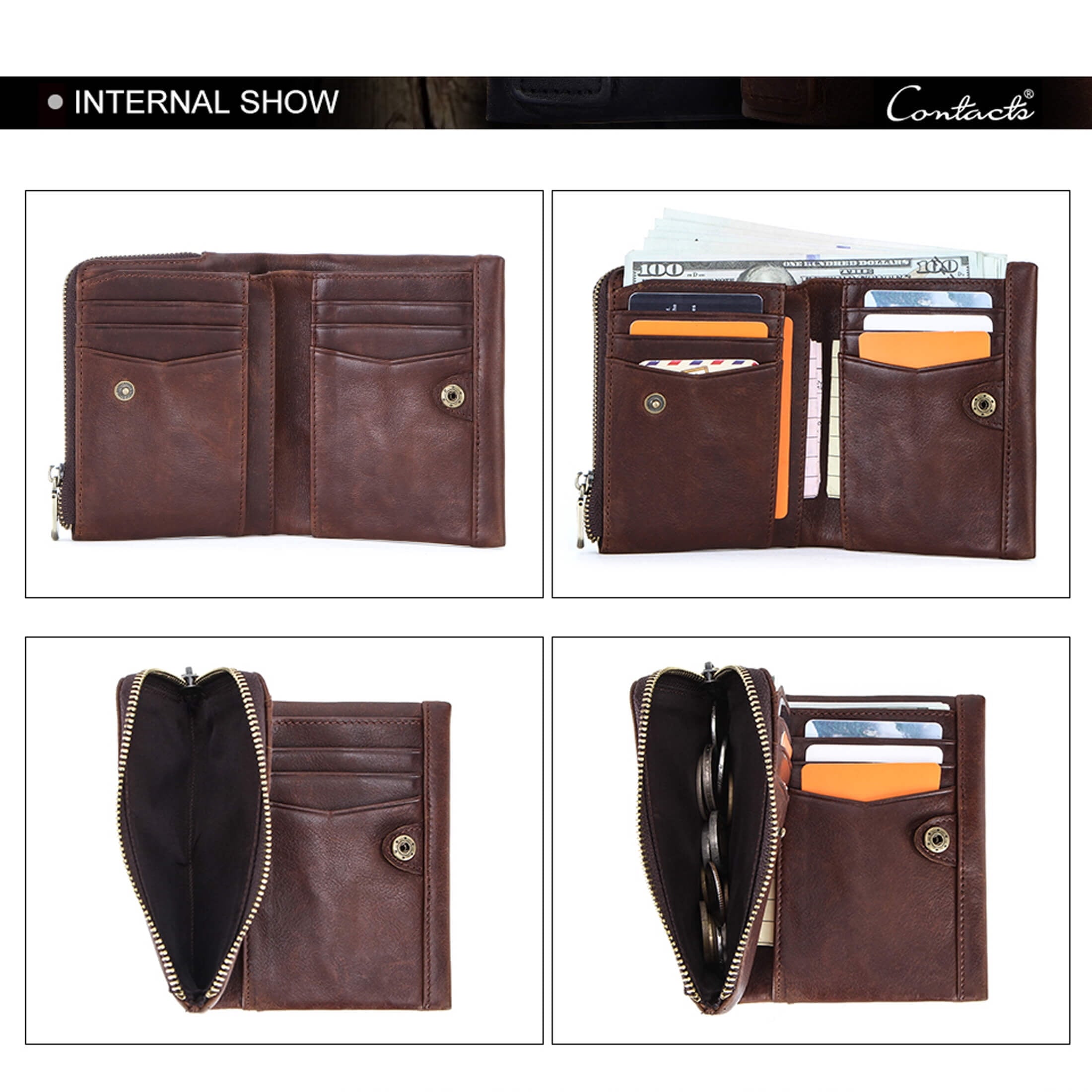 Men's RFID Blocking Billfold Wallet, Genuine Leather Vintage Wallet with Zipper Coin Pocket, Valentine Gift,Coffee - Image 2