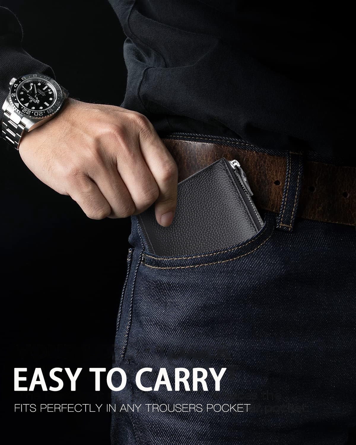 Mens Wallet with Zipper Wallets for Men RFID Blocking Leather Bifold Credit Card Holder Wallets Black - Image 2