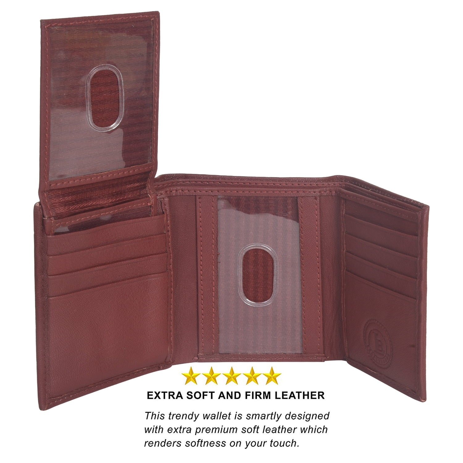 Mens Flap Up ID Trifold Genuine Leather Wallet, Brown - Image 2